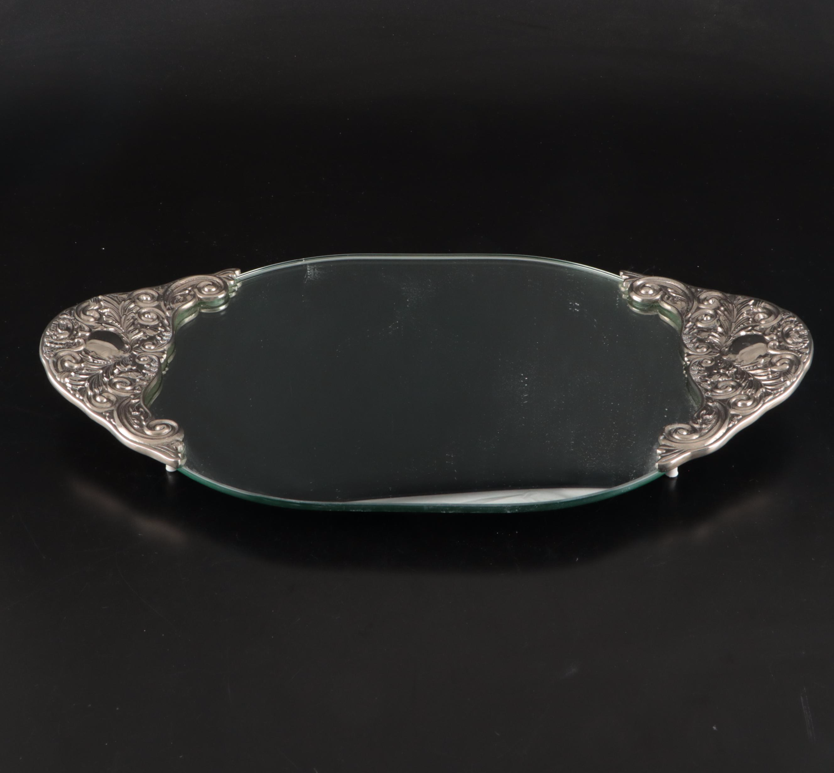 Victorian Style Repousse Silver Vanity Set with Mirrored Tray