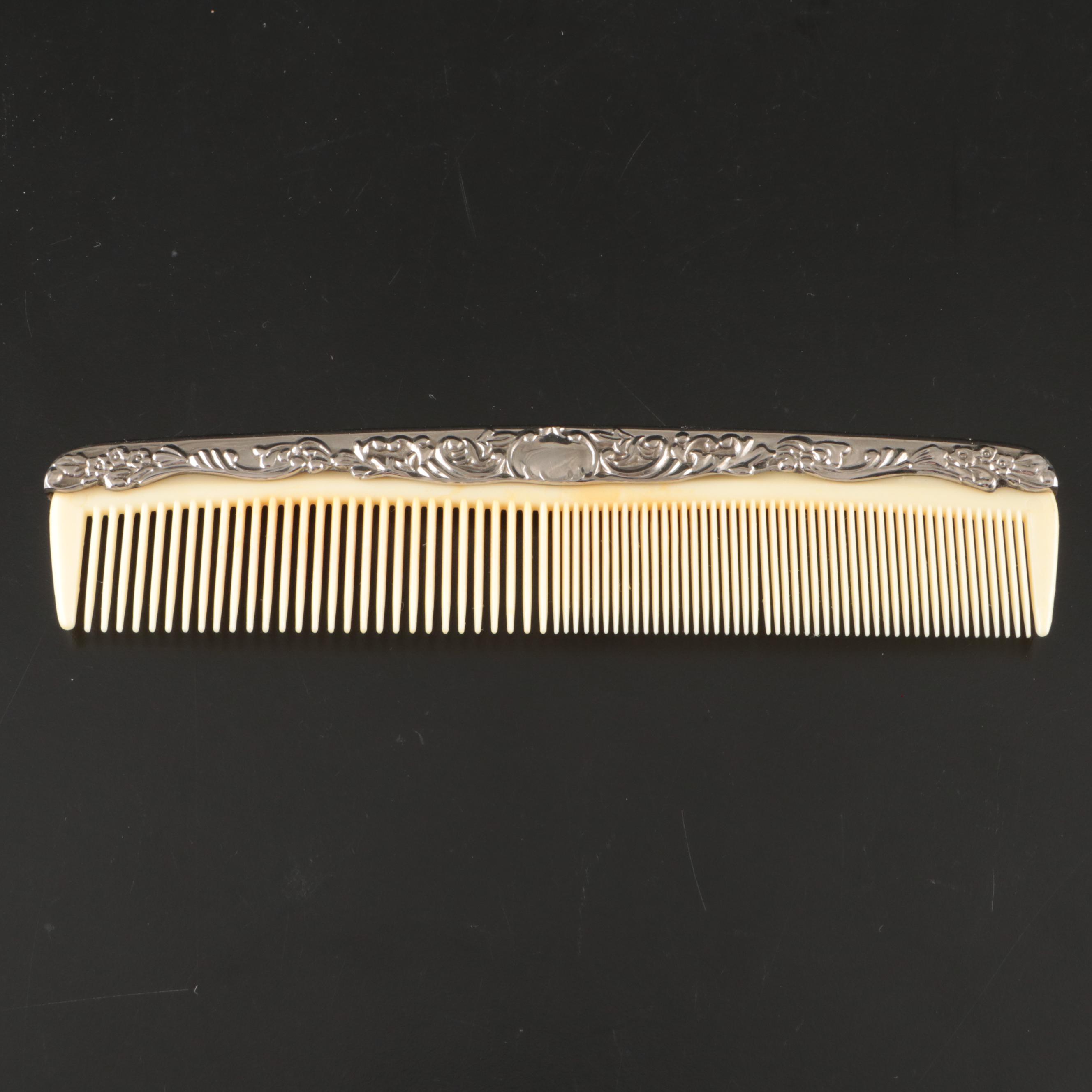 Victorian Style Repousse Silver Vanity Set with Mirrored Tray