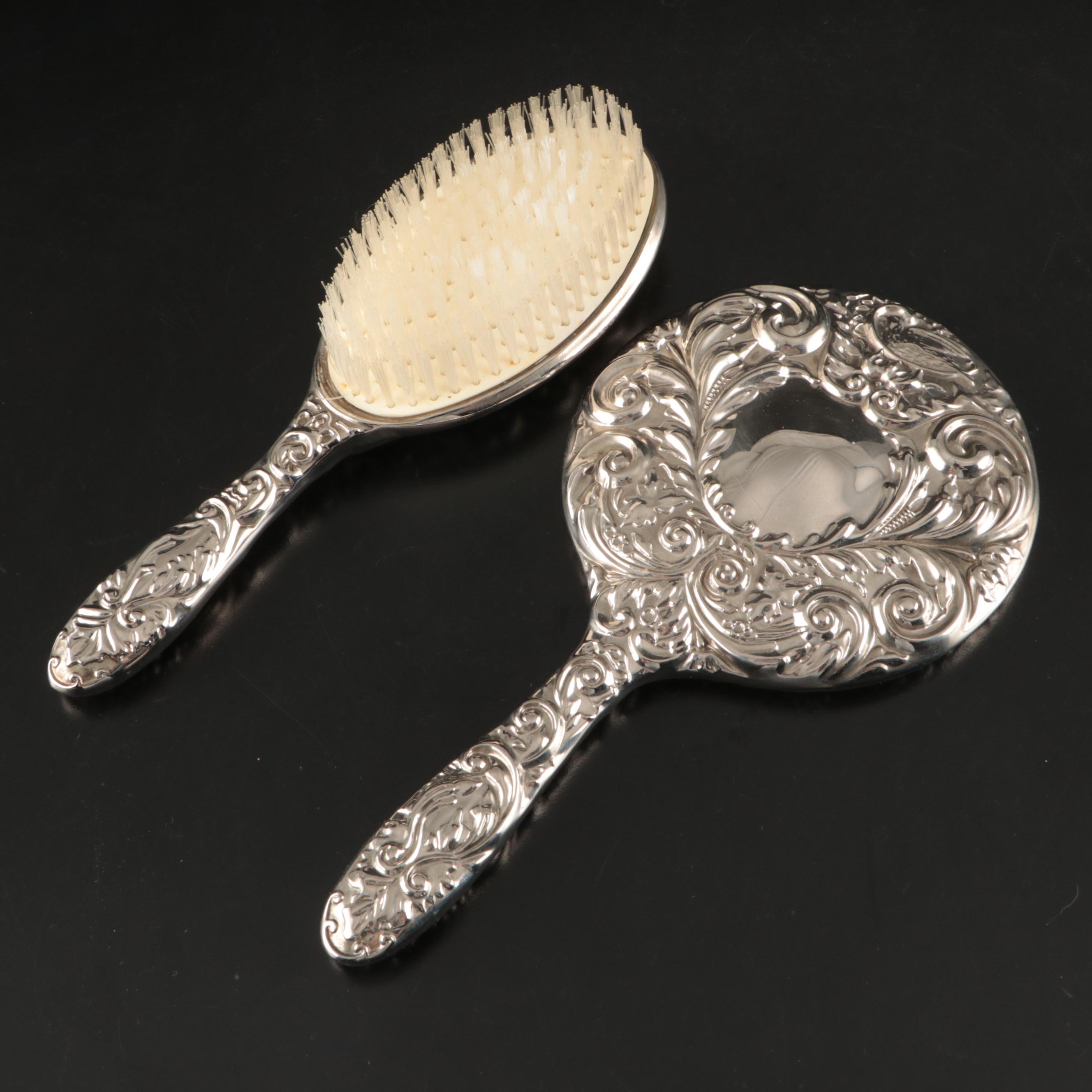 Victorian Style Repousse Silver Vanity Set with Mirrored Tray