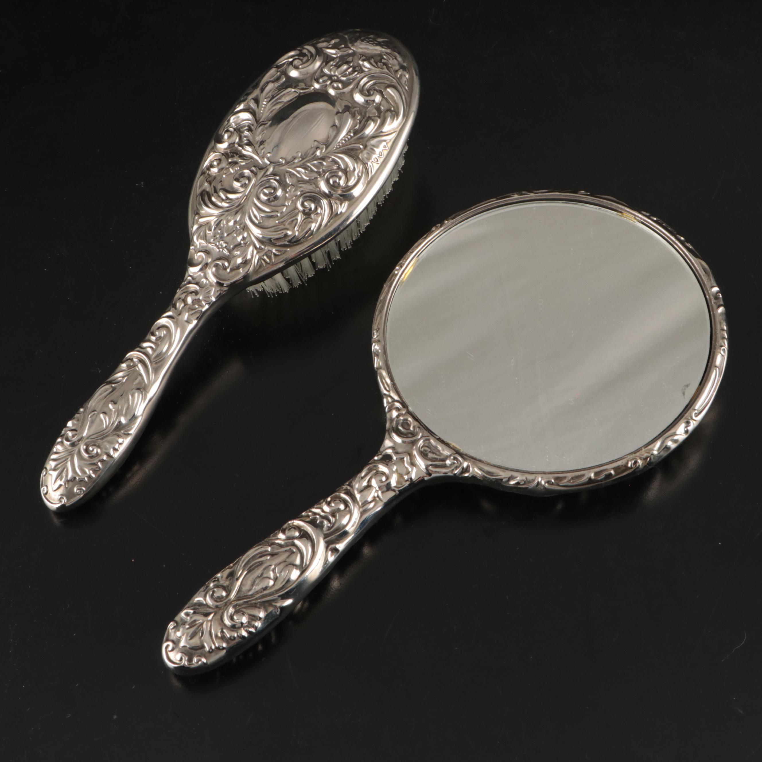 Victorian Style Repousse Silver Vanity Set with Mirrored Tray