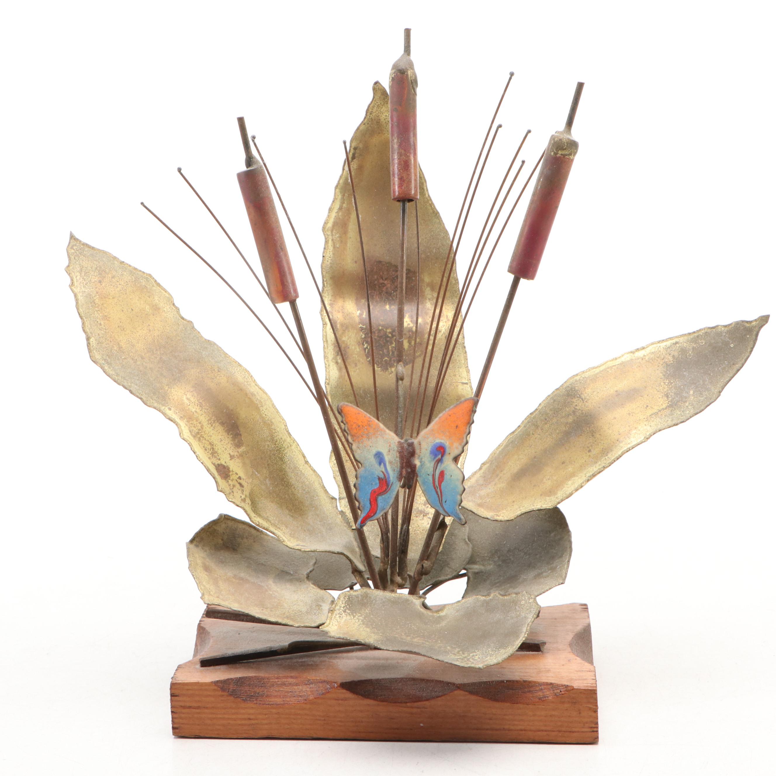 Brass Cattail with Enamel Butterfly Figure and Brass White-Tailed Fawn