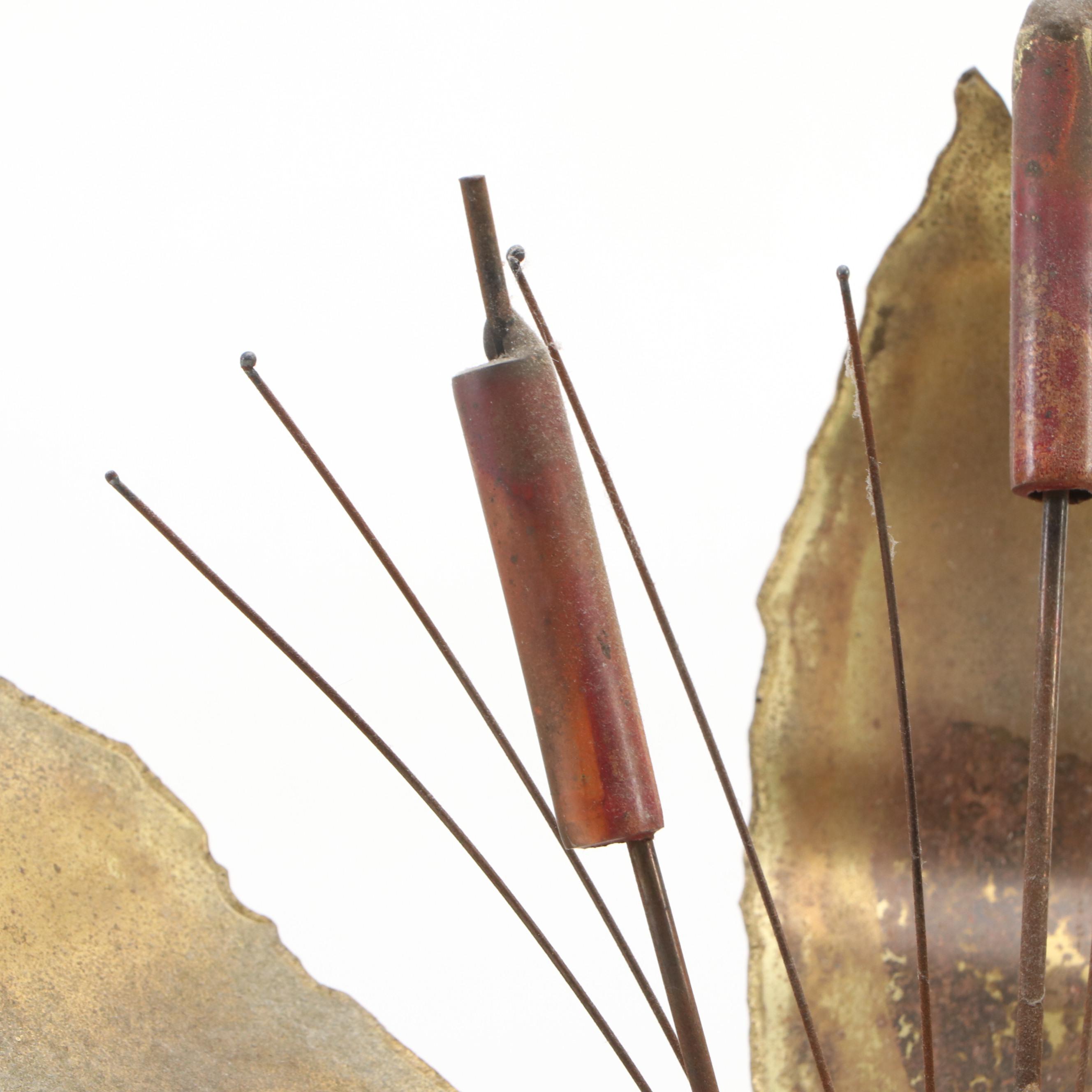 Brass Cattail with Enamel Butterfly Figure and Brass White-Tailed Fawn