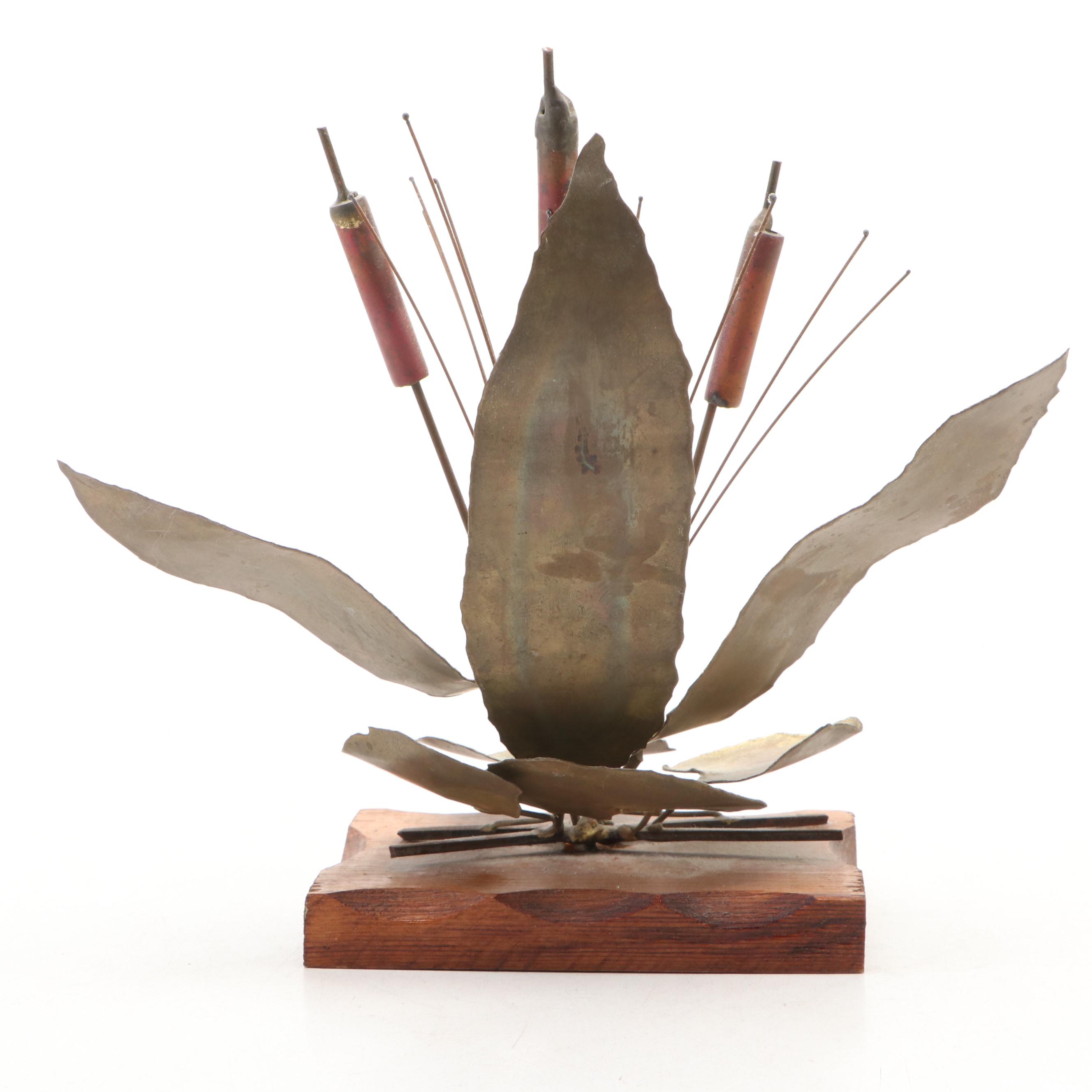 Brass Cattail with Enamel Butterfly Figure and Brass White-Tailed Fawn