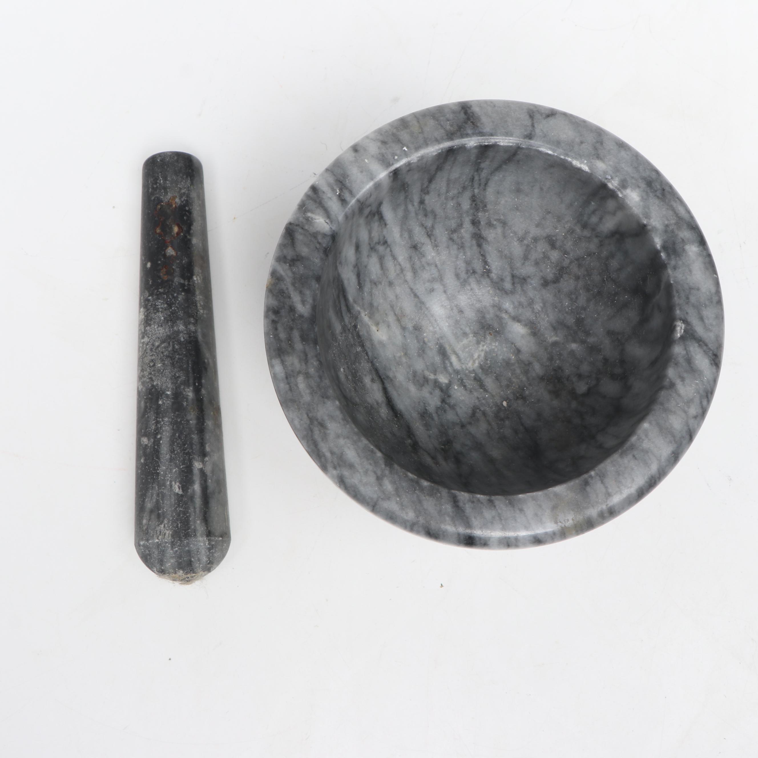 Stone Mortar and Pestle with Wood and Ceramic Spice Chest