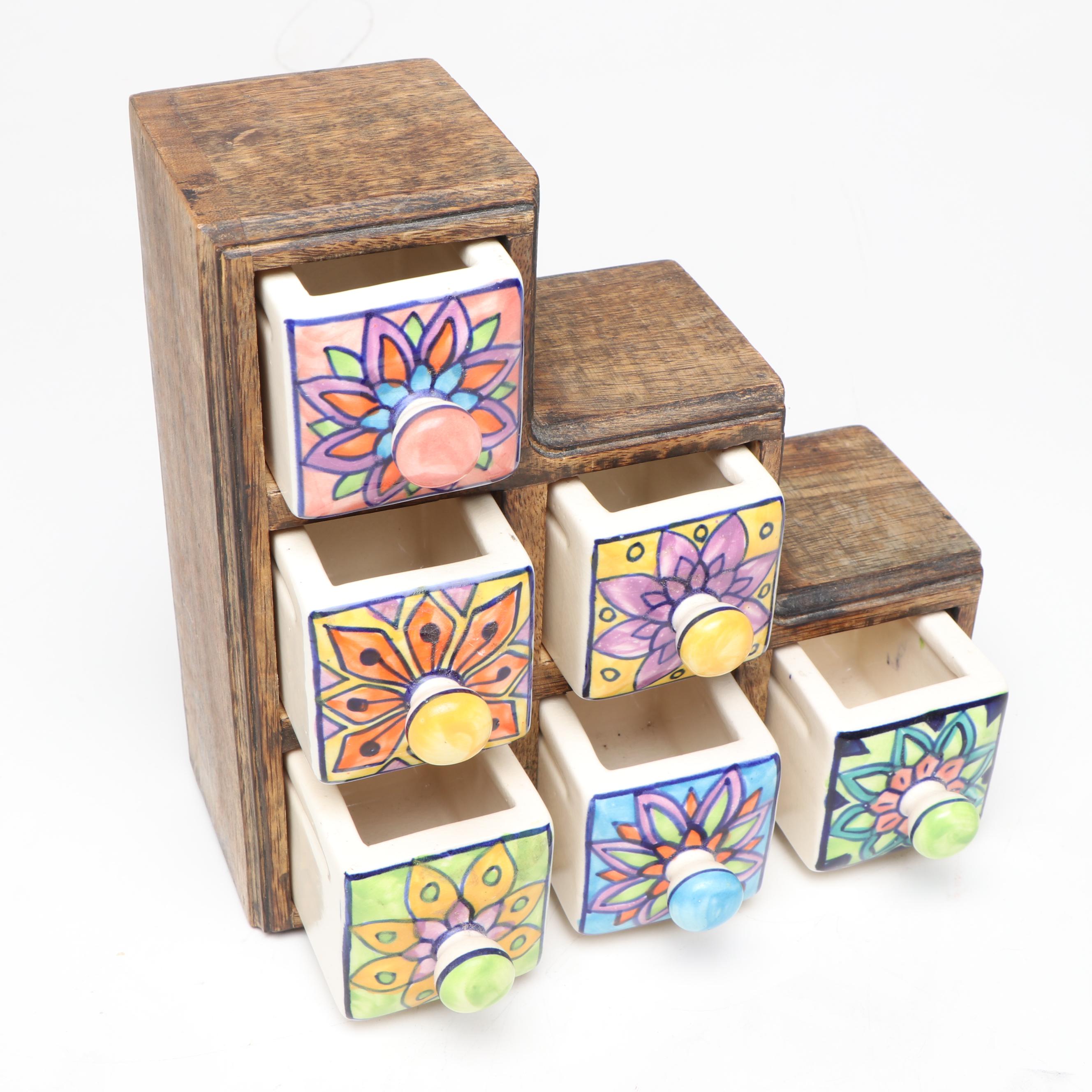 Stone Mortar and Pestle with Wood and Ceramic Spice Chest