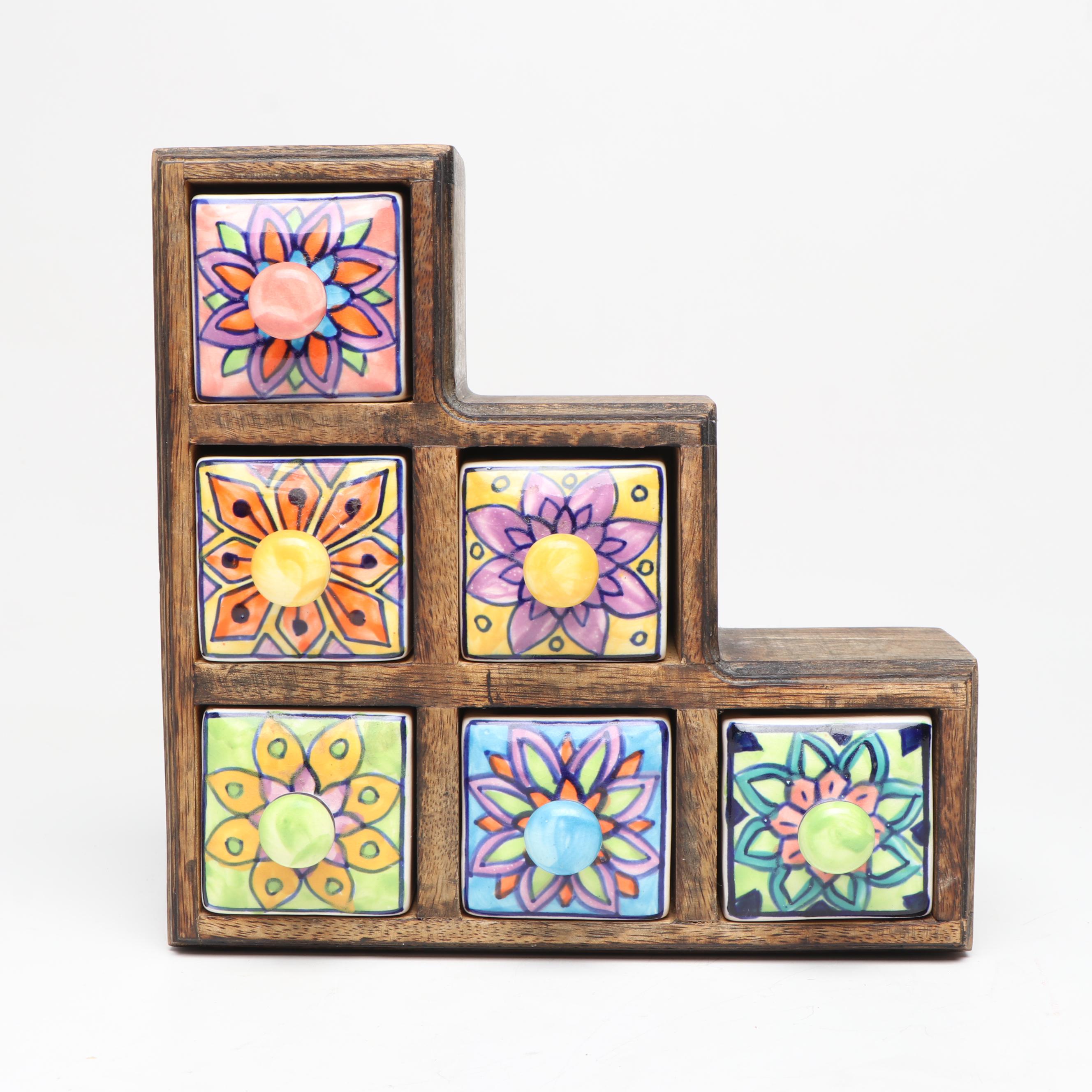 Stone Mortar and Pestle with Wood and Ceramic Spice Chest