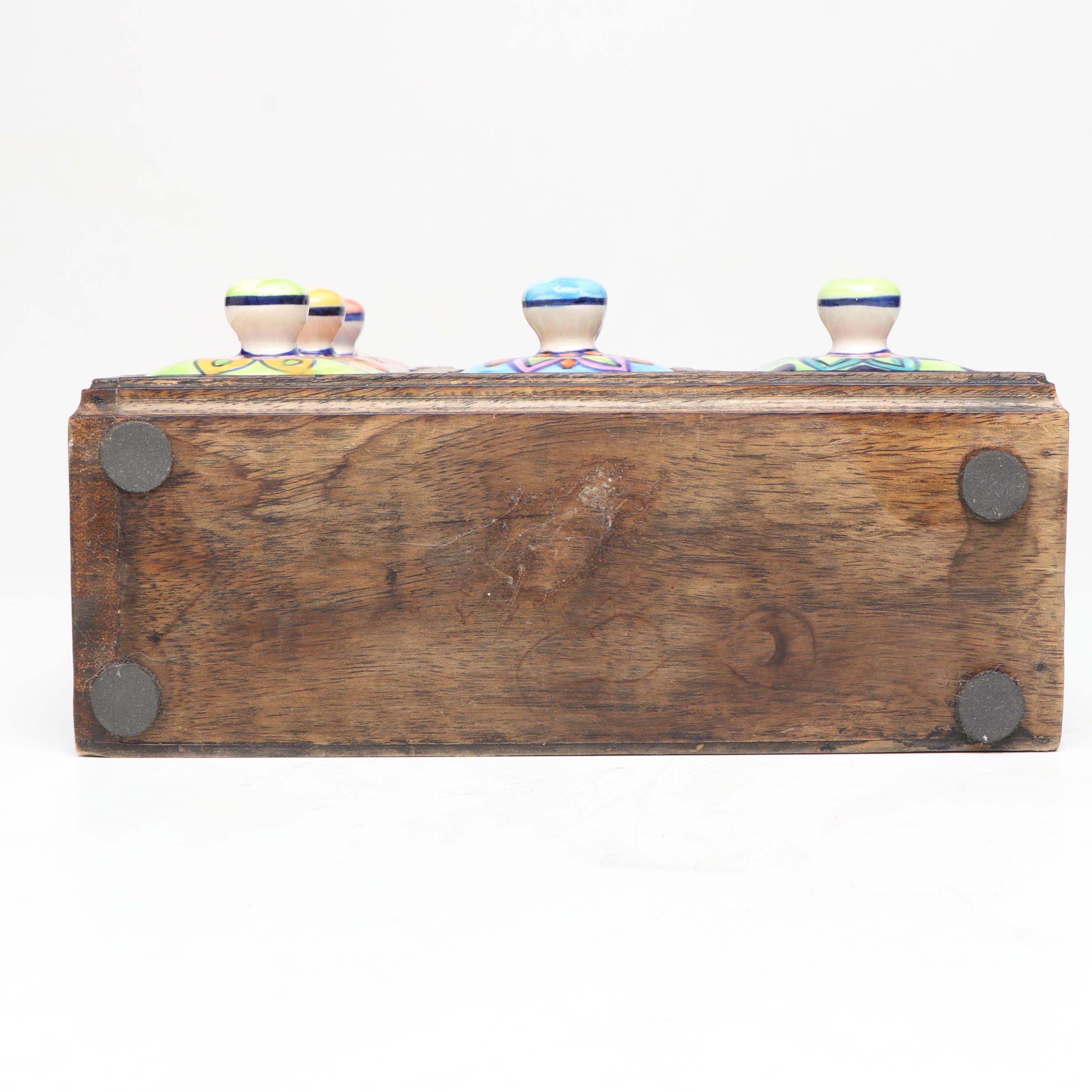 Stone Mortar and Pestle with Wood and Ceramic Spice Chest