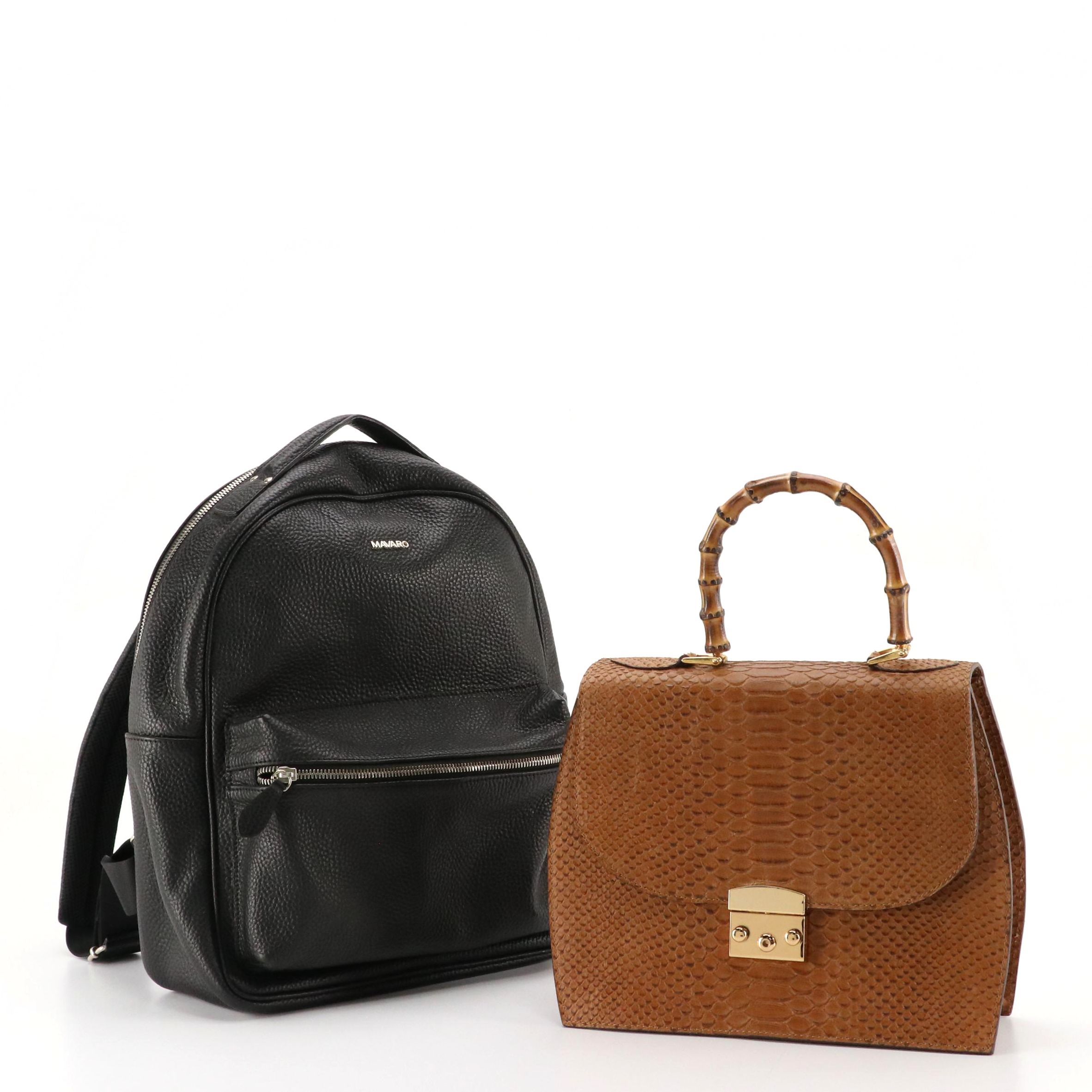 Mavaro Black Grained Leather Backpack, Other Embossed Leather Bamboo Handle Bag