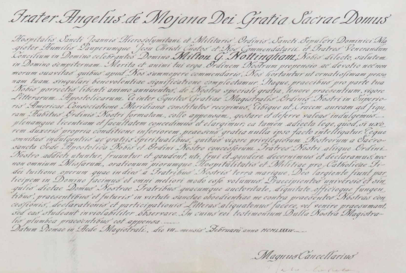 Sovereign Military Order of Malta Latin Language Membership Document