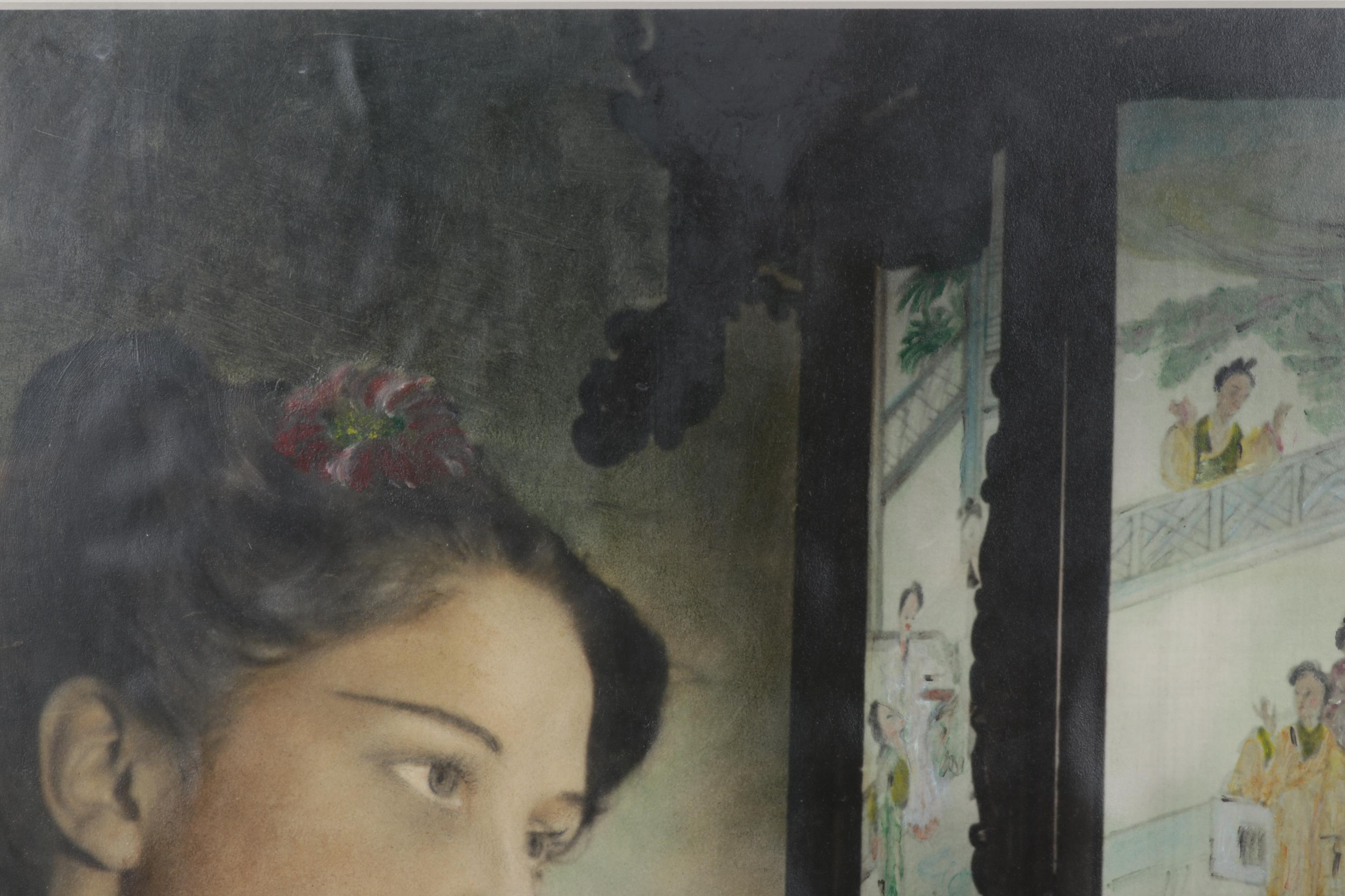 Oil Painting of Woman Gazing into Chinese Lantern