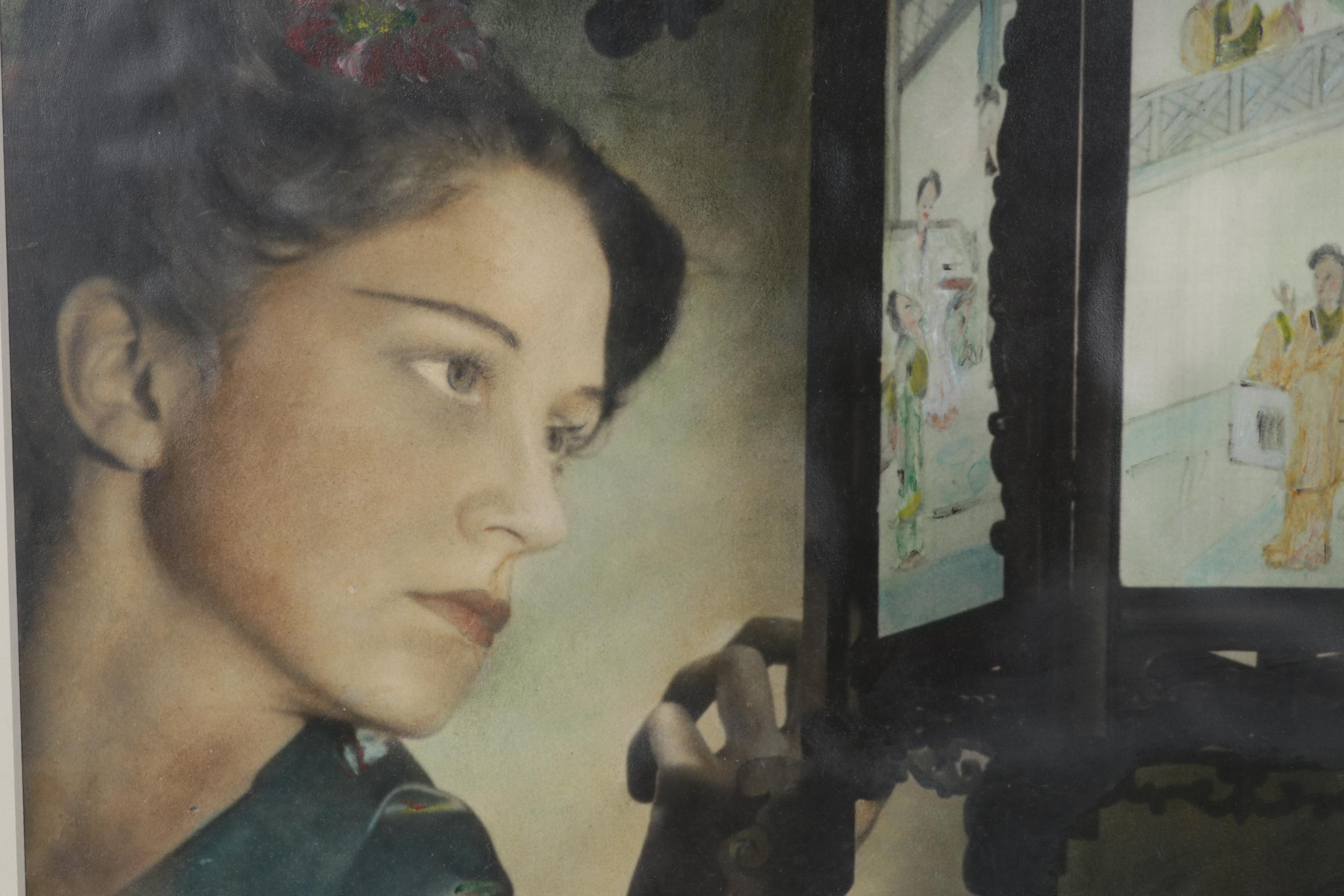 Oil Painting of Woman Gazing into Chinese Lantern