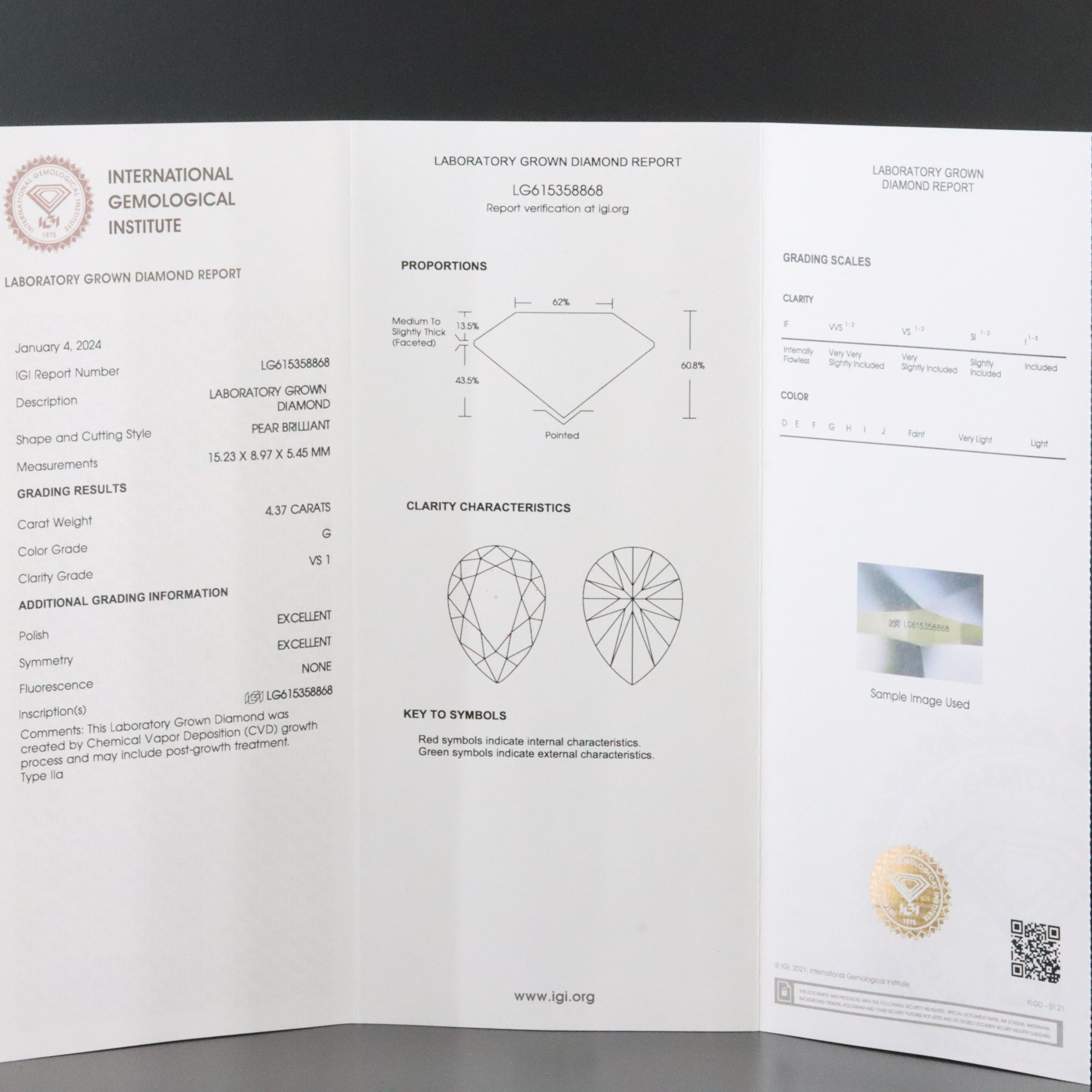 14K 4.37 CT Lab Grown Diamond Solitaire Ring with IGI Report