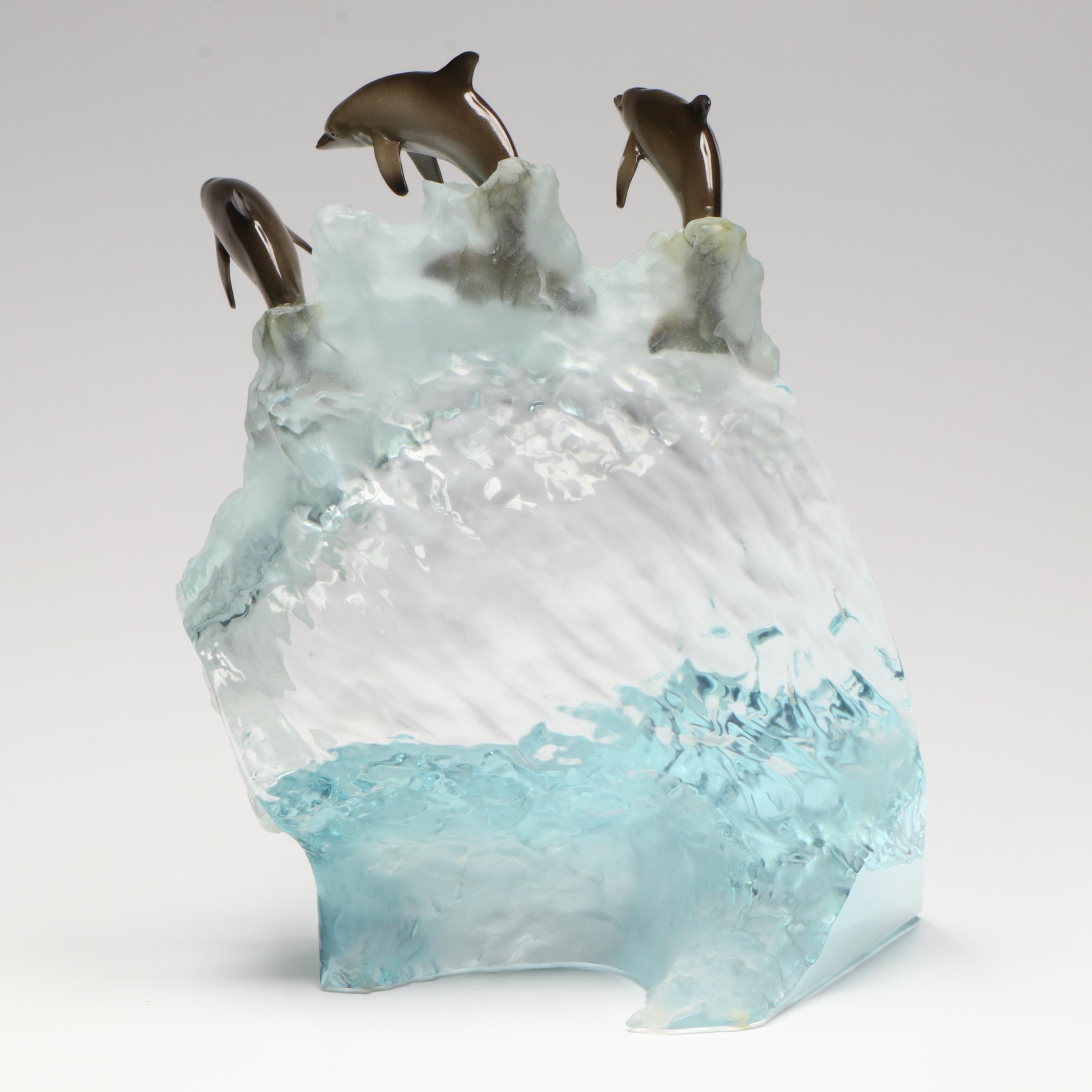 Robert Wyland Sculpture of Three Dolphins Cresting Lucite Wave