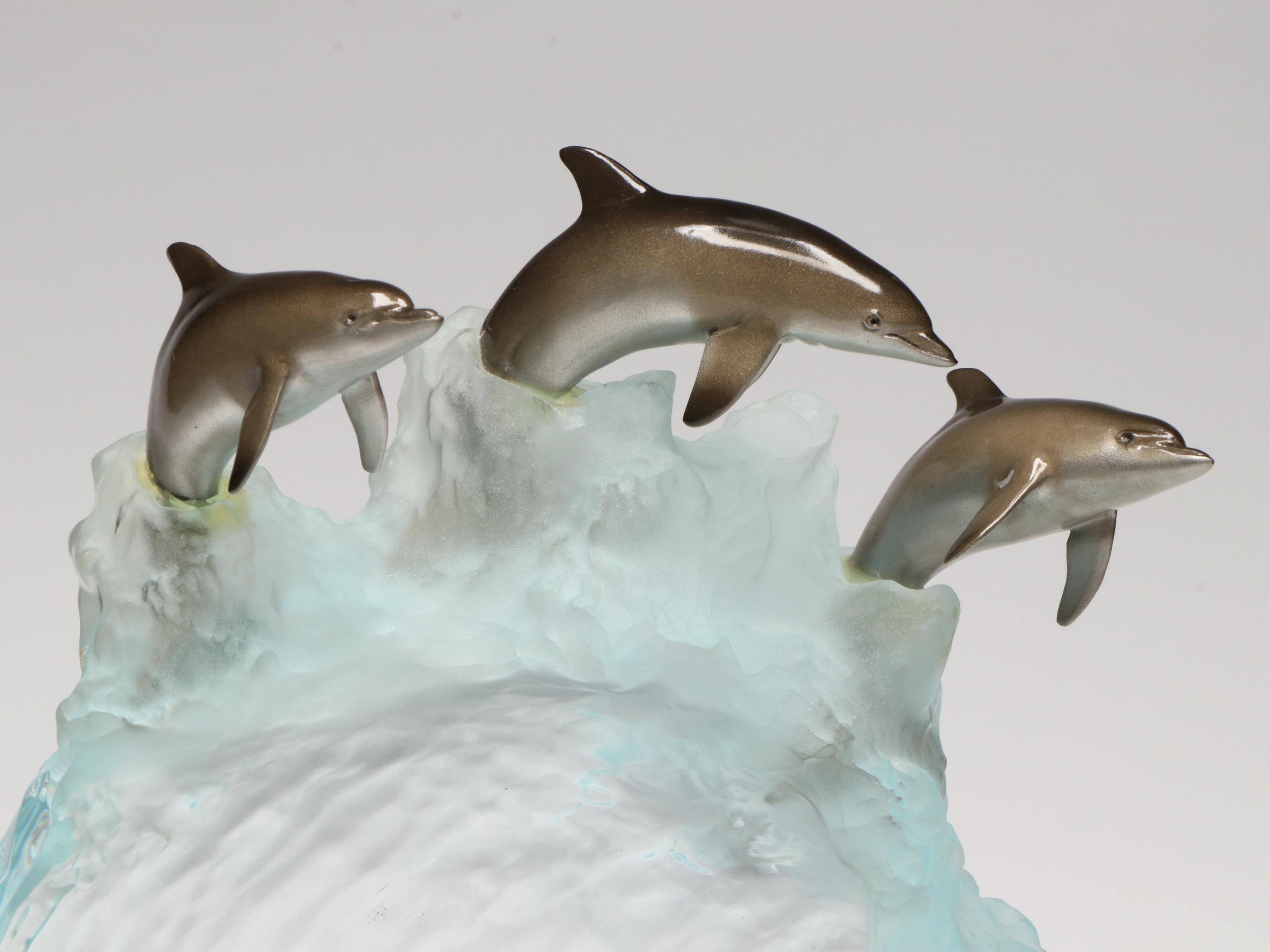 Robert Wyland Sculpture of Three Dolphins Cresting Lucite Wave