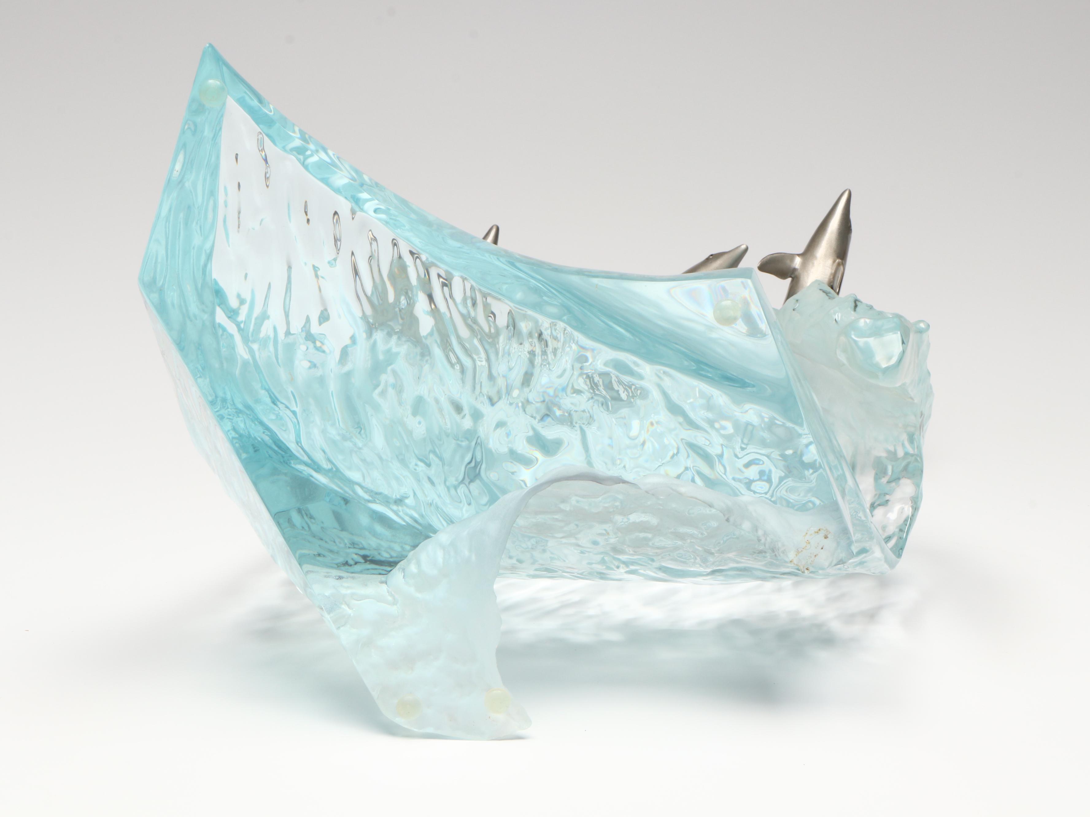 Robert Wyland Sculpture of Three Dolphins Cresting Lucite Wave