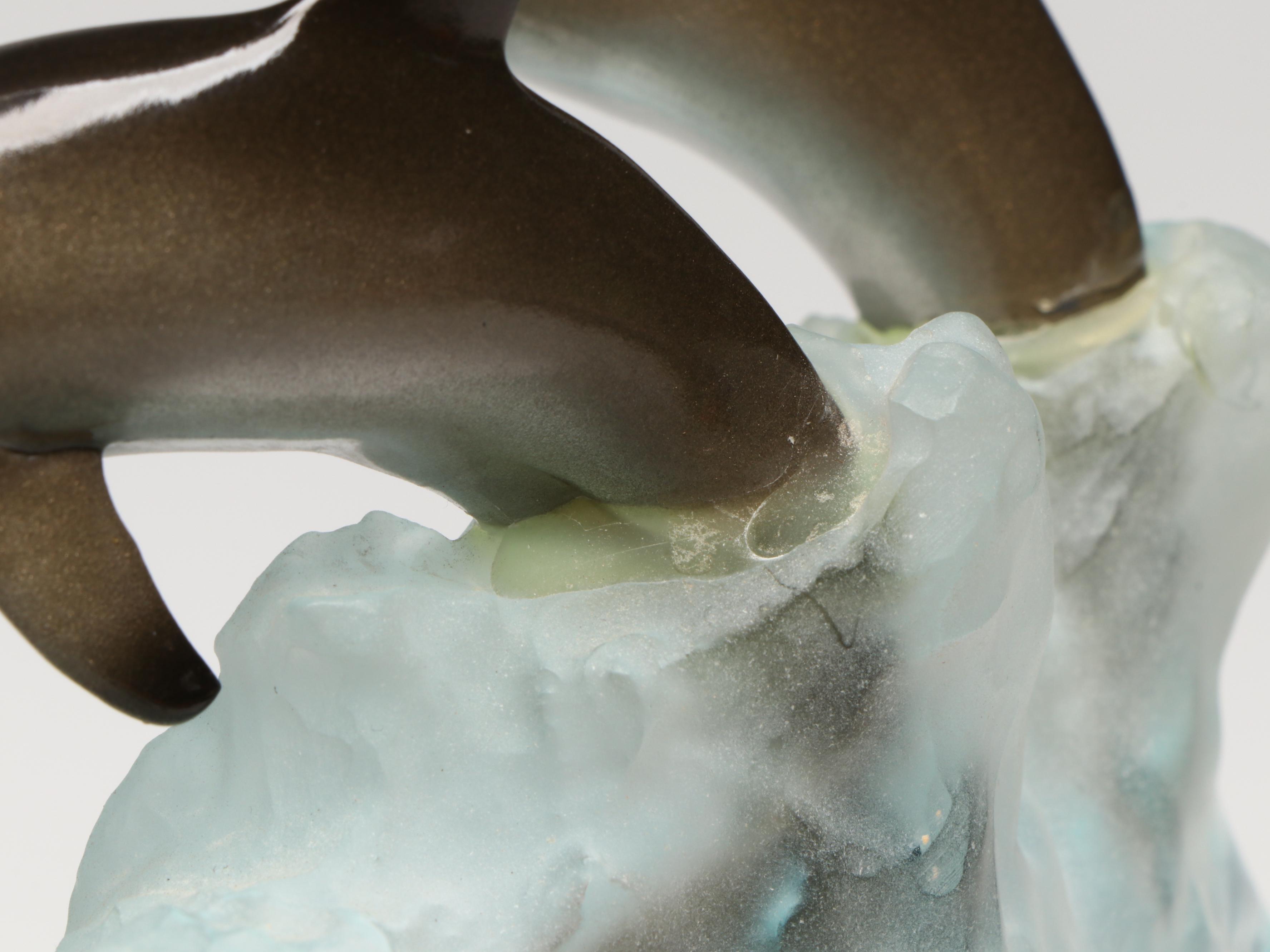 Robert Wyland Sculpture of Three Dolphins Cresting Lucite Wave