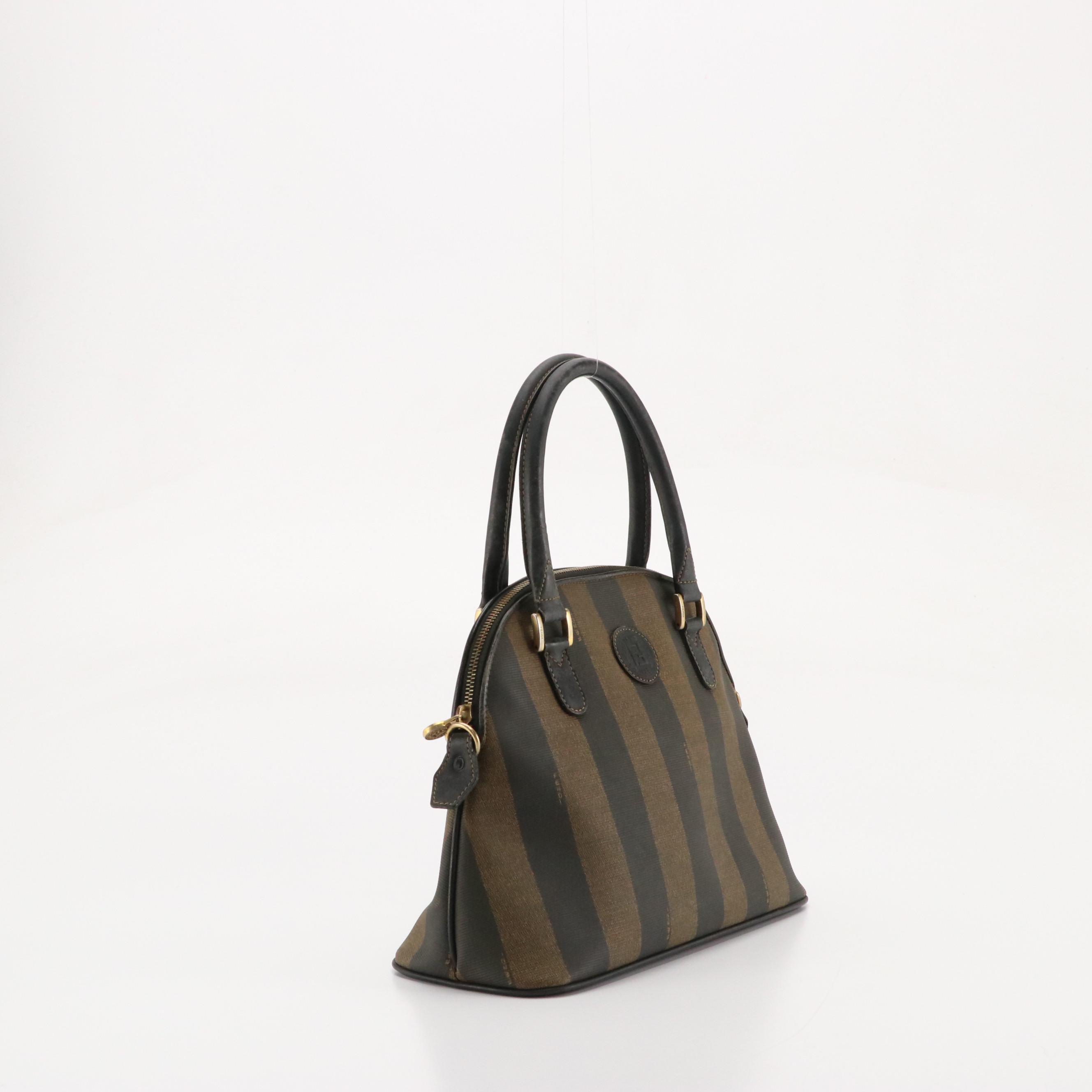 Fendi Dome Satchel in Pequin Striped Canvas and Brown Leather Trim