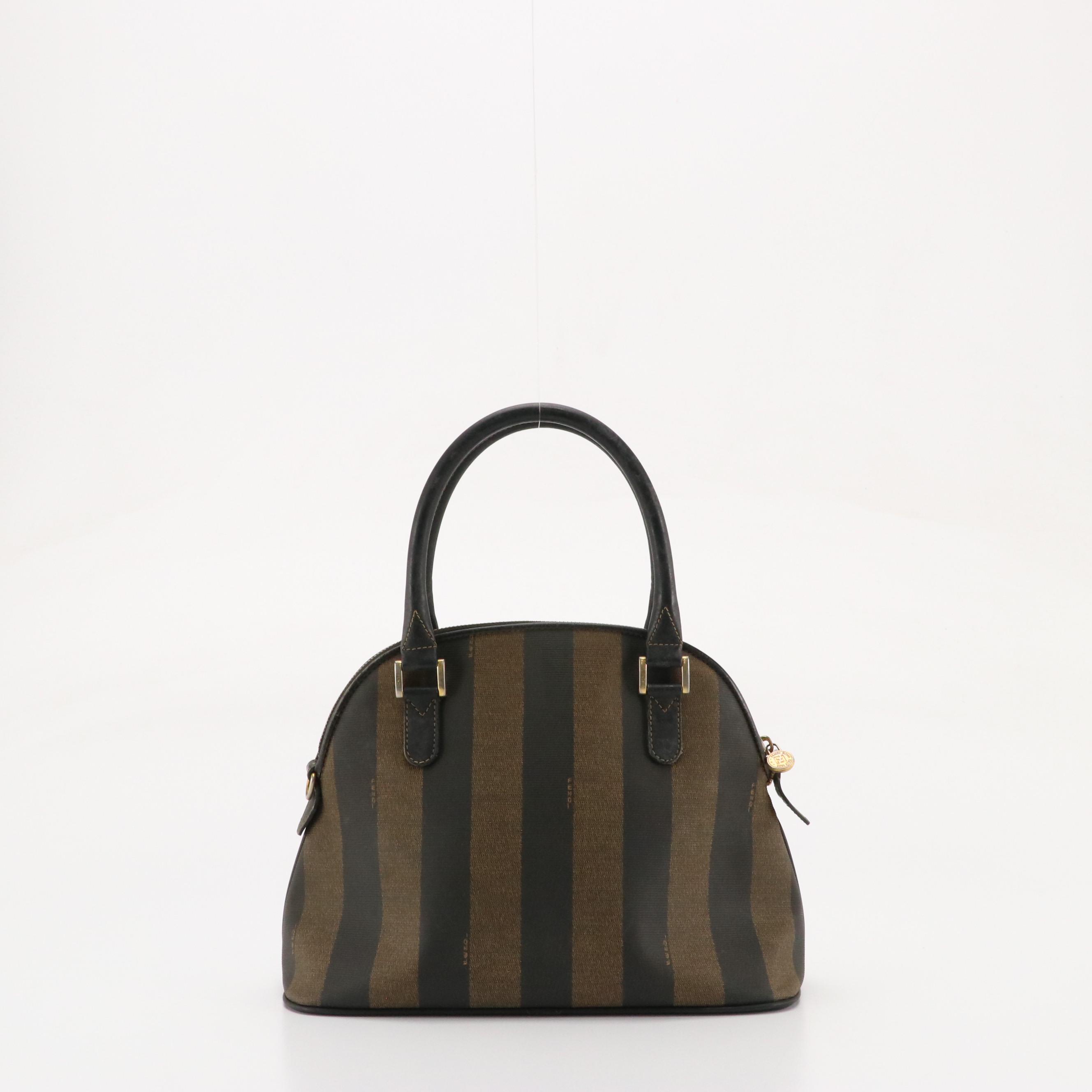 Fendi Dome Satchel in Pequin Striped Canvas and Brown Leather Trim