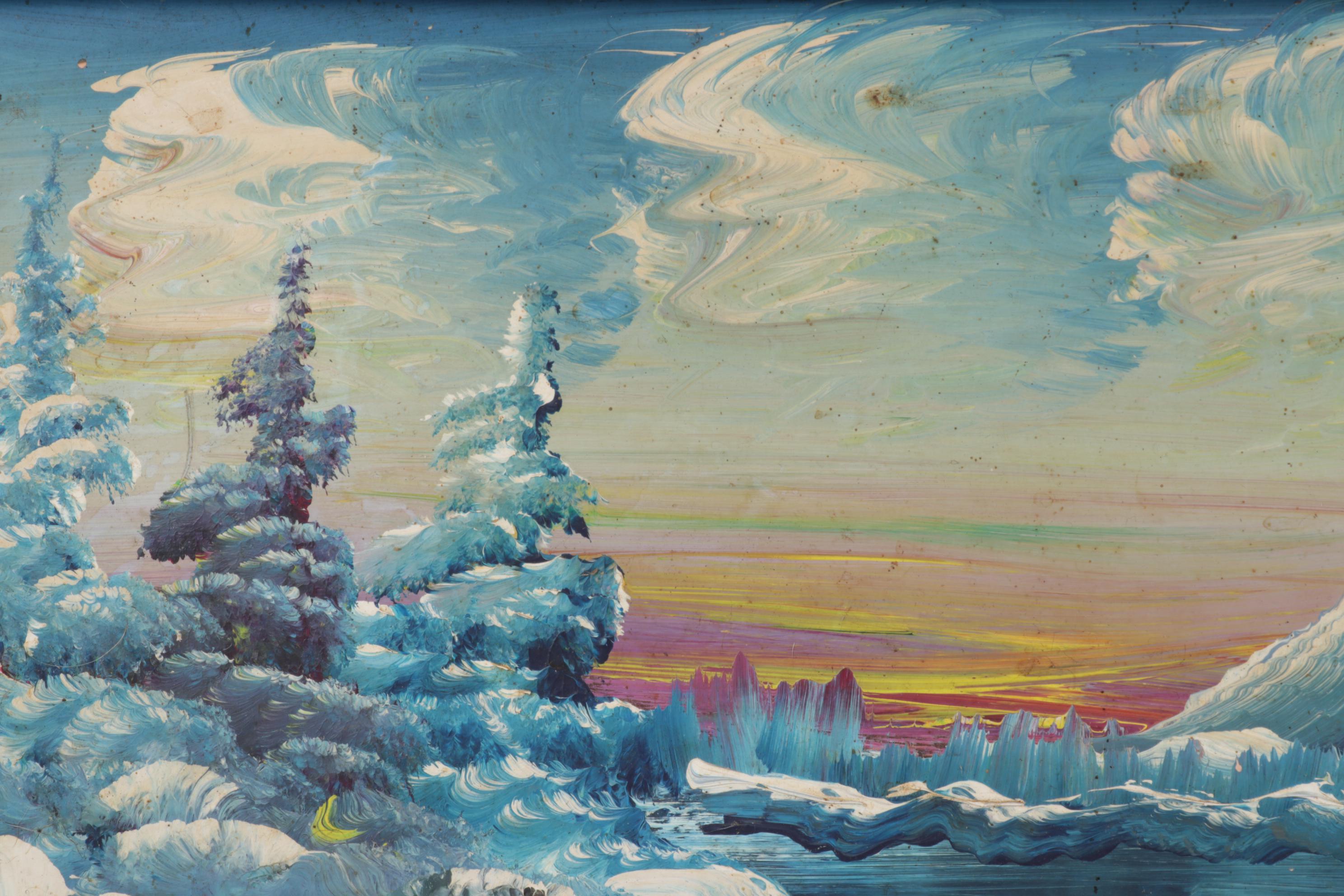 Burnette G. Pletan Oil Painting of Blue Monochrome Rustic Winter Landscape, 1979