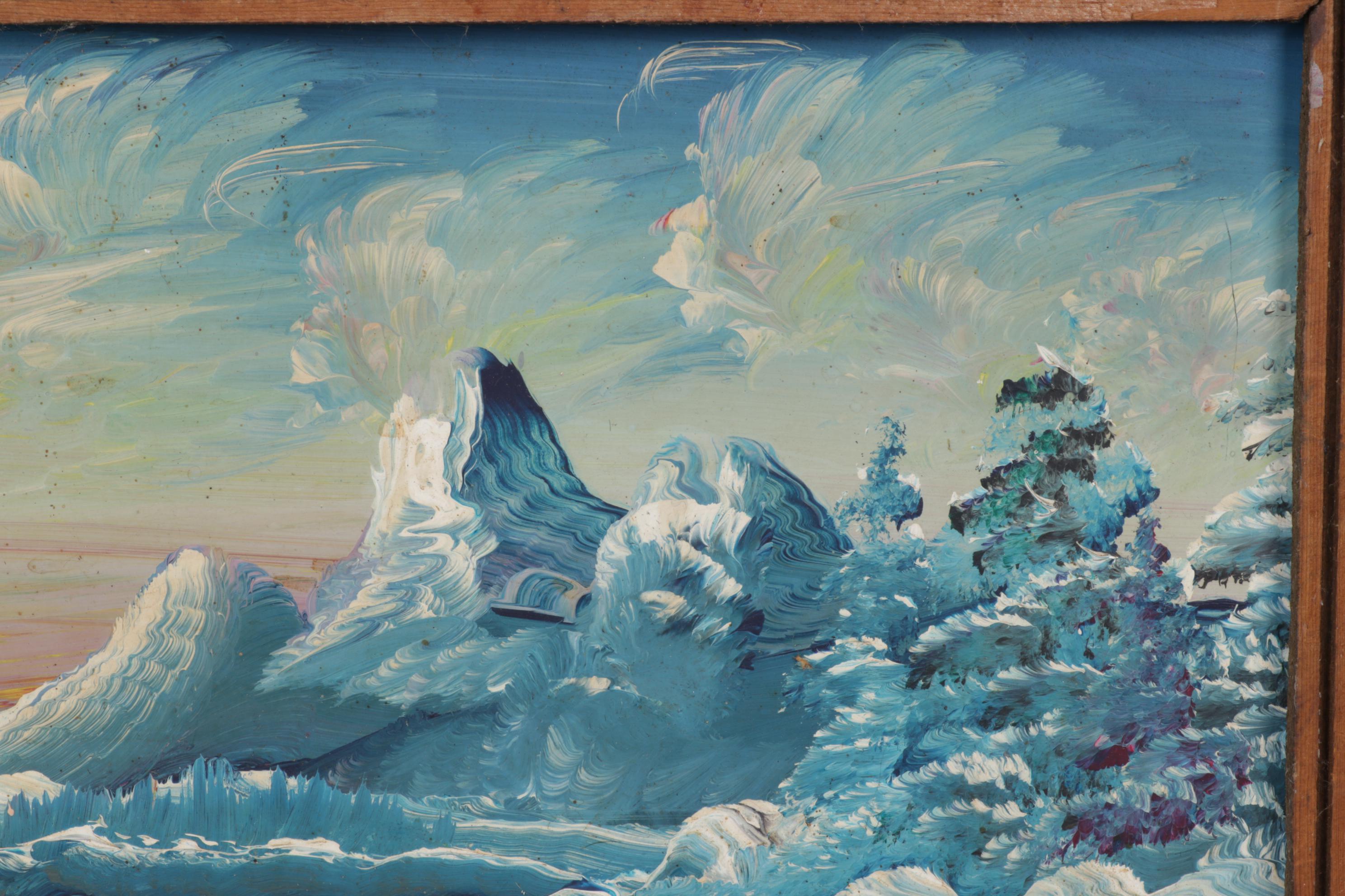 Burnette G. Pletan Oil Painting of Blue Monochrome Rustic Winter Landscape, 1979