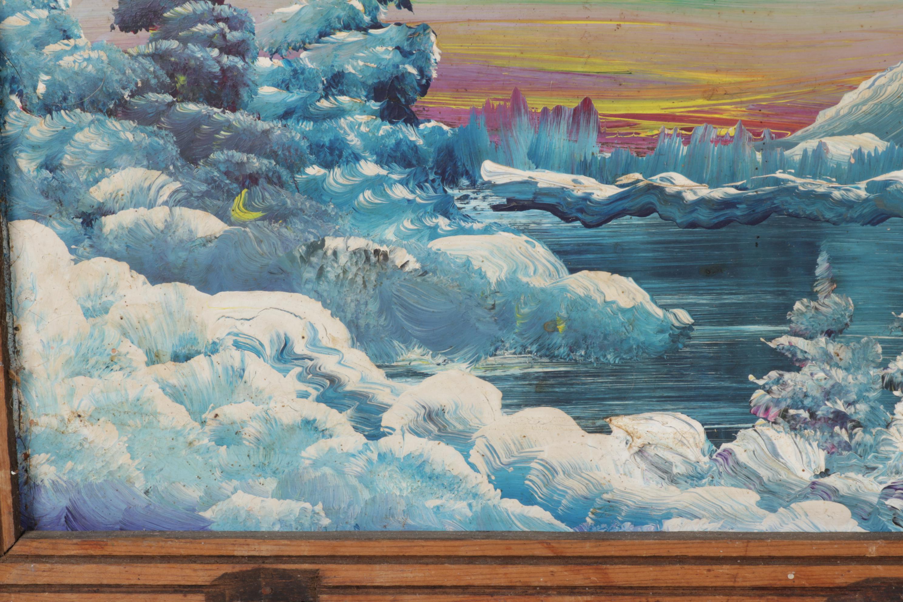 Burnette G. Pletan Oil Painting of Blue Monochrome Rustic Winter Landscape, 1979