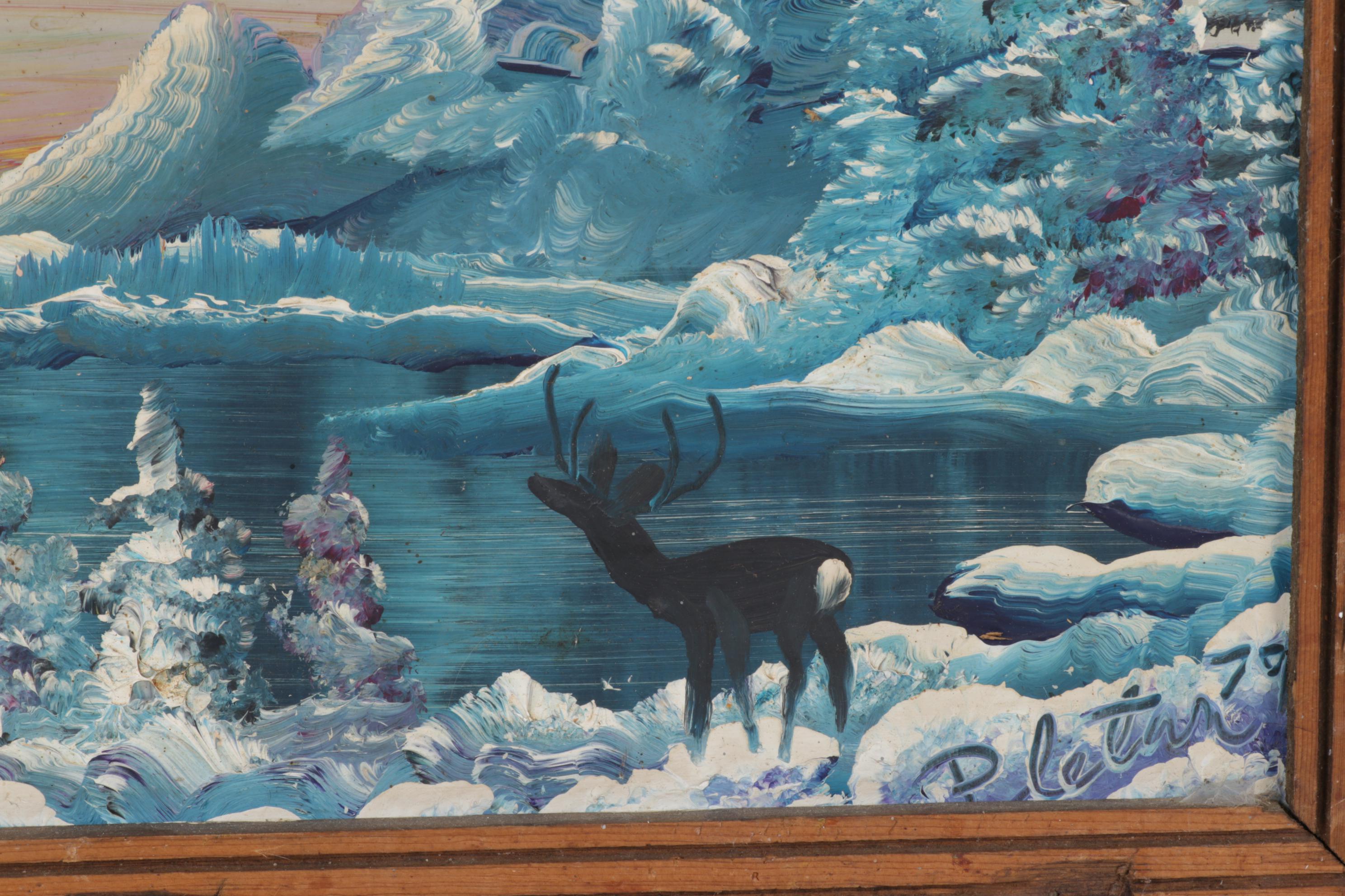 Burnette G. Pletan Oil Painting of Blue Monochrome Rustic Winter Landscape, 1979