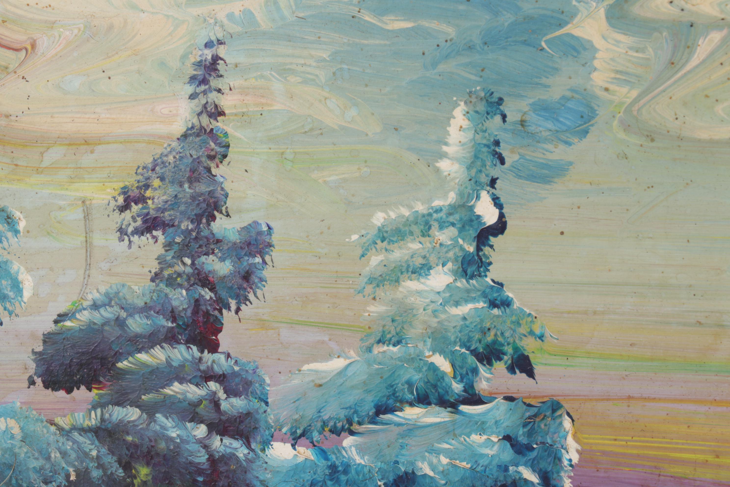 Burnette G. Pletan Oil Painting of Blue Monochrome Rustic Winter Landscape, 1979