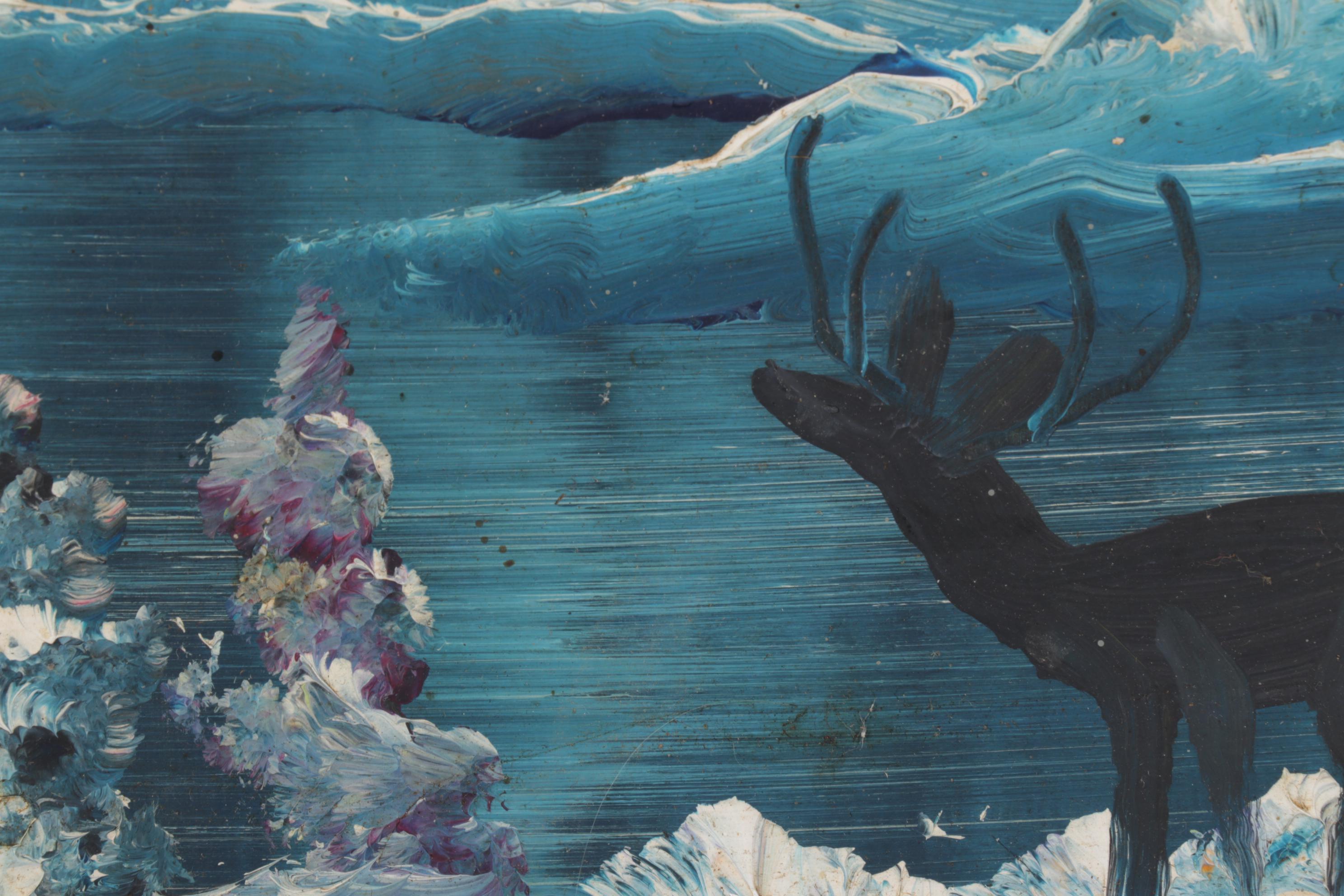 Burnette G. Pletan Oil Painting of Blue Monochrome Rustic Winter Landscape, 1979