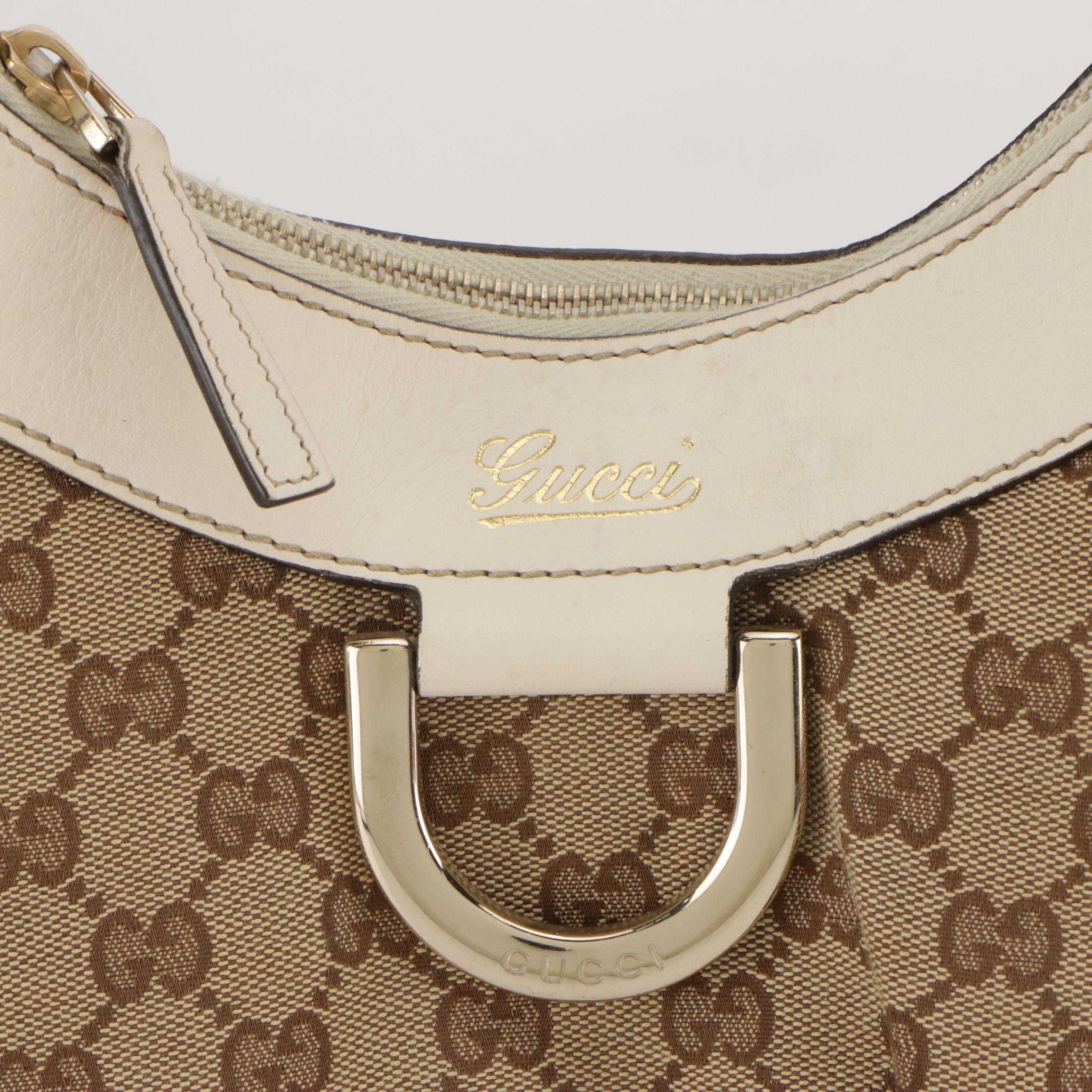 Gucci Abbey D-Ring Shoulder Bag in GG Monogram Canvas and White Leather Trim