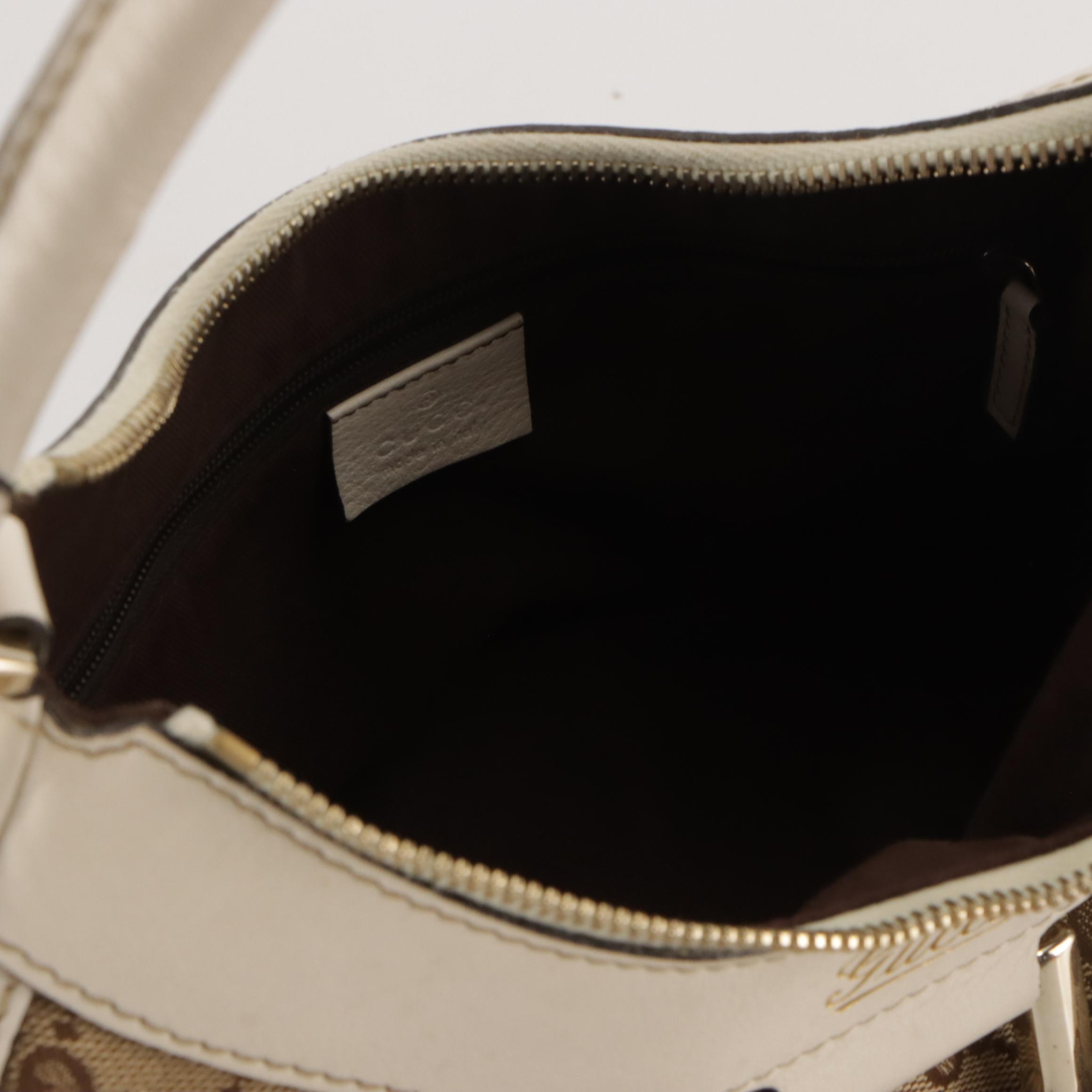 Gucci Abbey D-Ring Shoulder Bag in GG Monogram Canvas and White Leather Trim