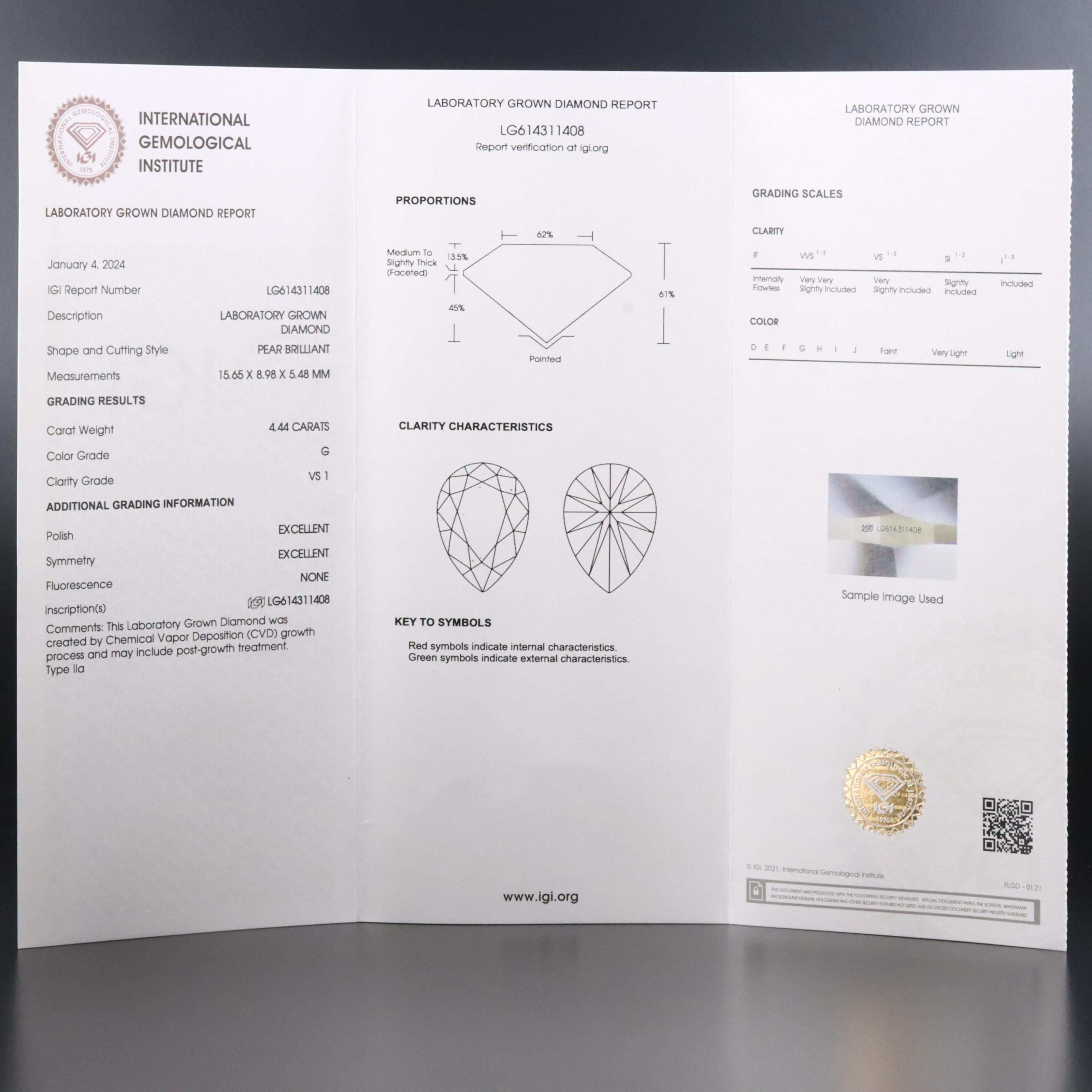 14K 4.44 CT Lab Grown Diamond Solitaire Ring with IGI Report