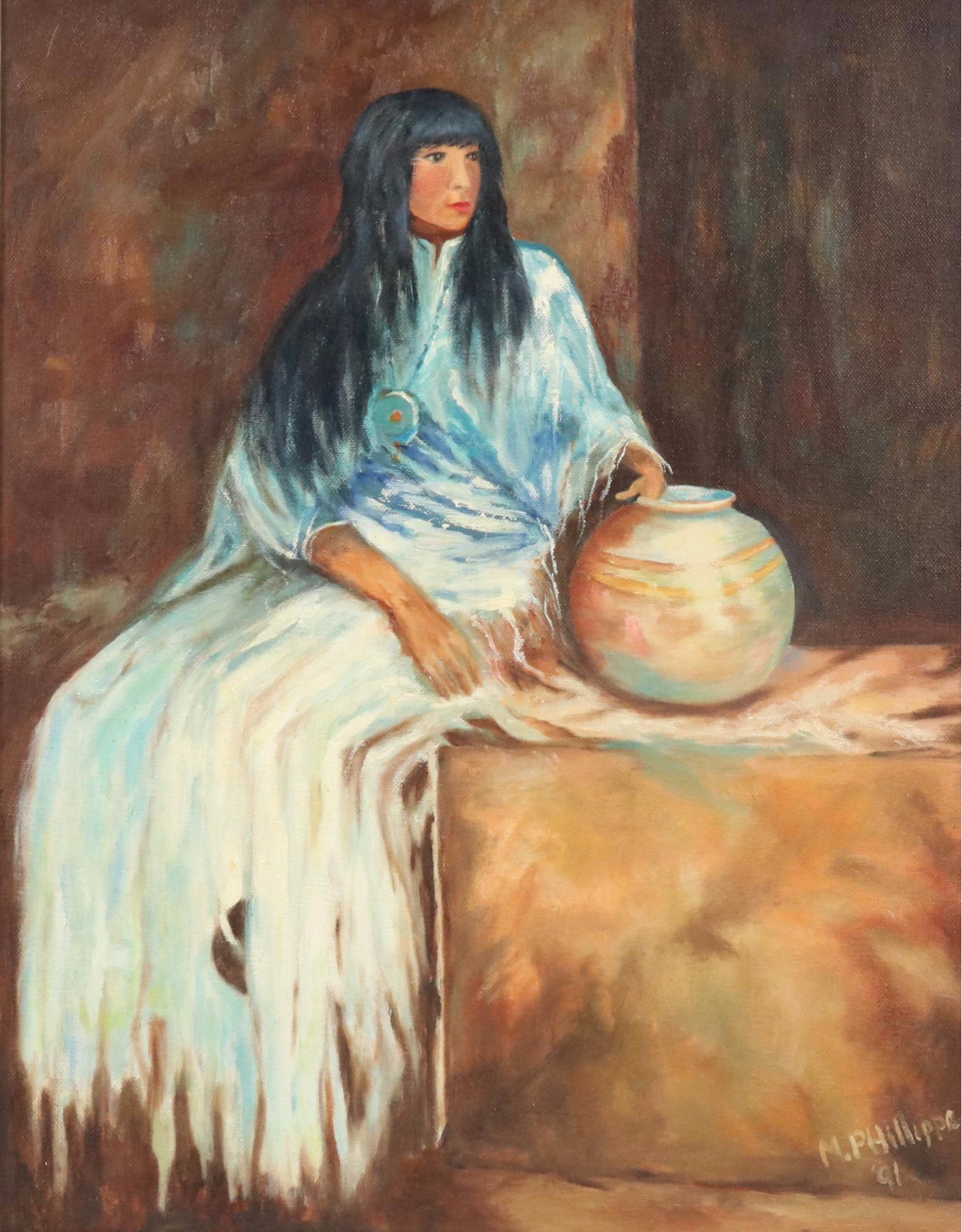 Oil Painting After Marilyn Bendell Portrait of a Woman with Pottery, 1991