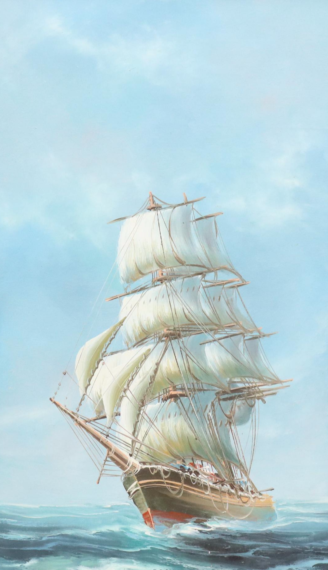 Maritime Oil Painting with Sailing Ship, Late 20th Century