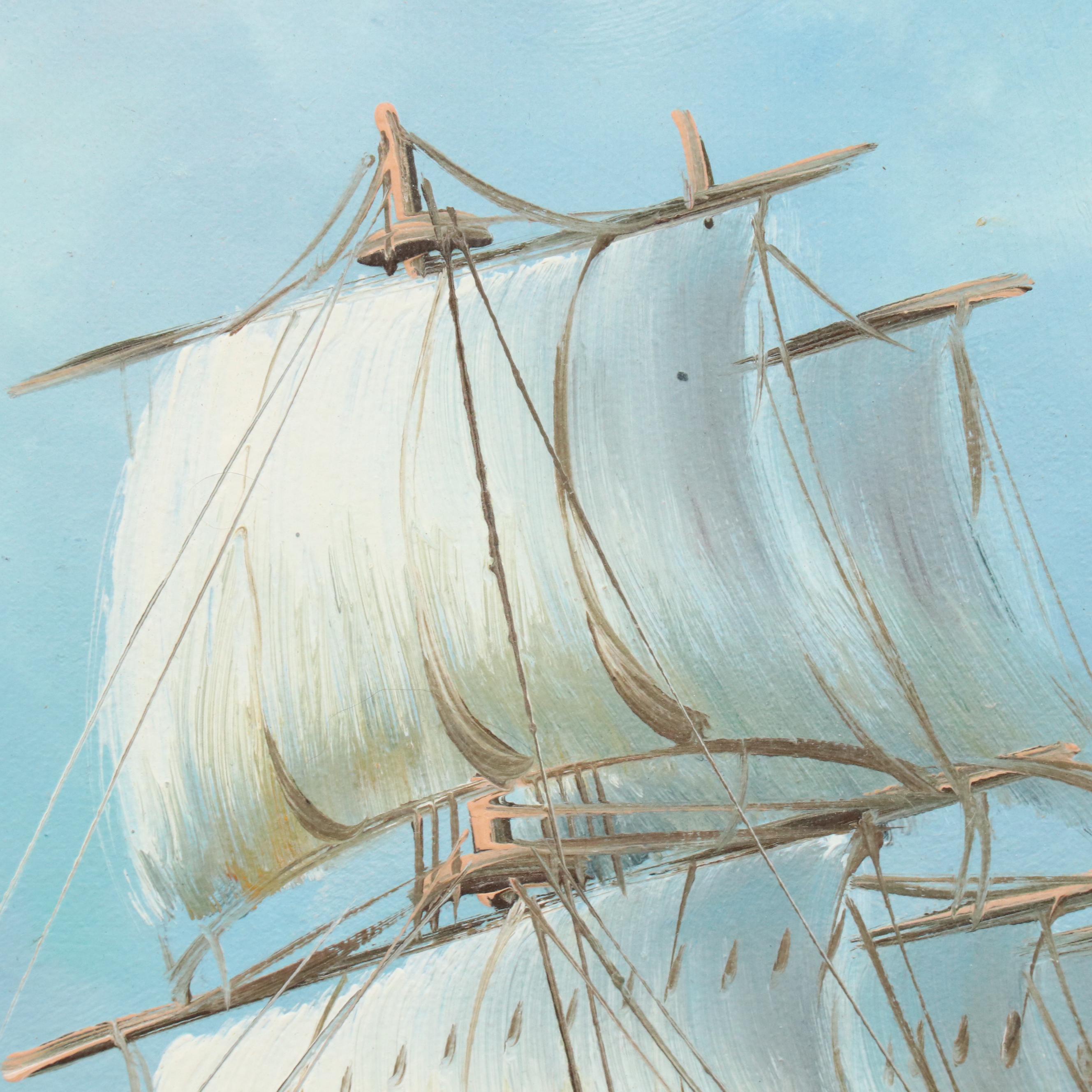 Maritime Oil Painting with Sailing Ship, Late 20th Century