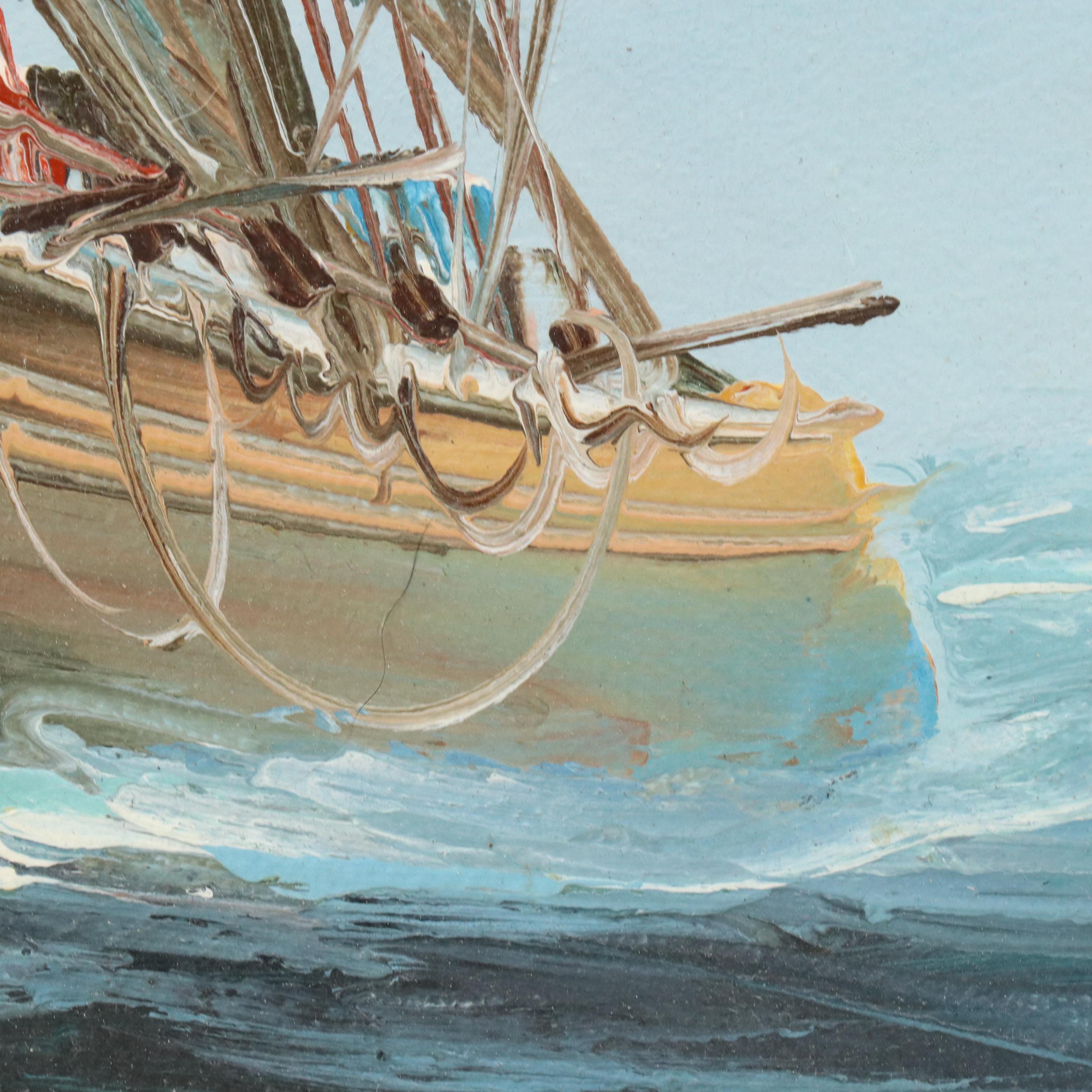 Maritime Oil Painting with Sailing Ship, Late 20th Century