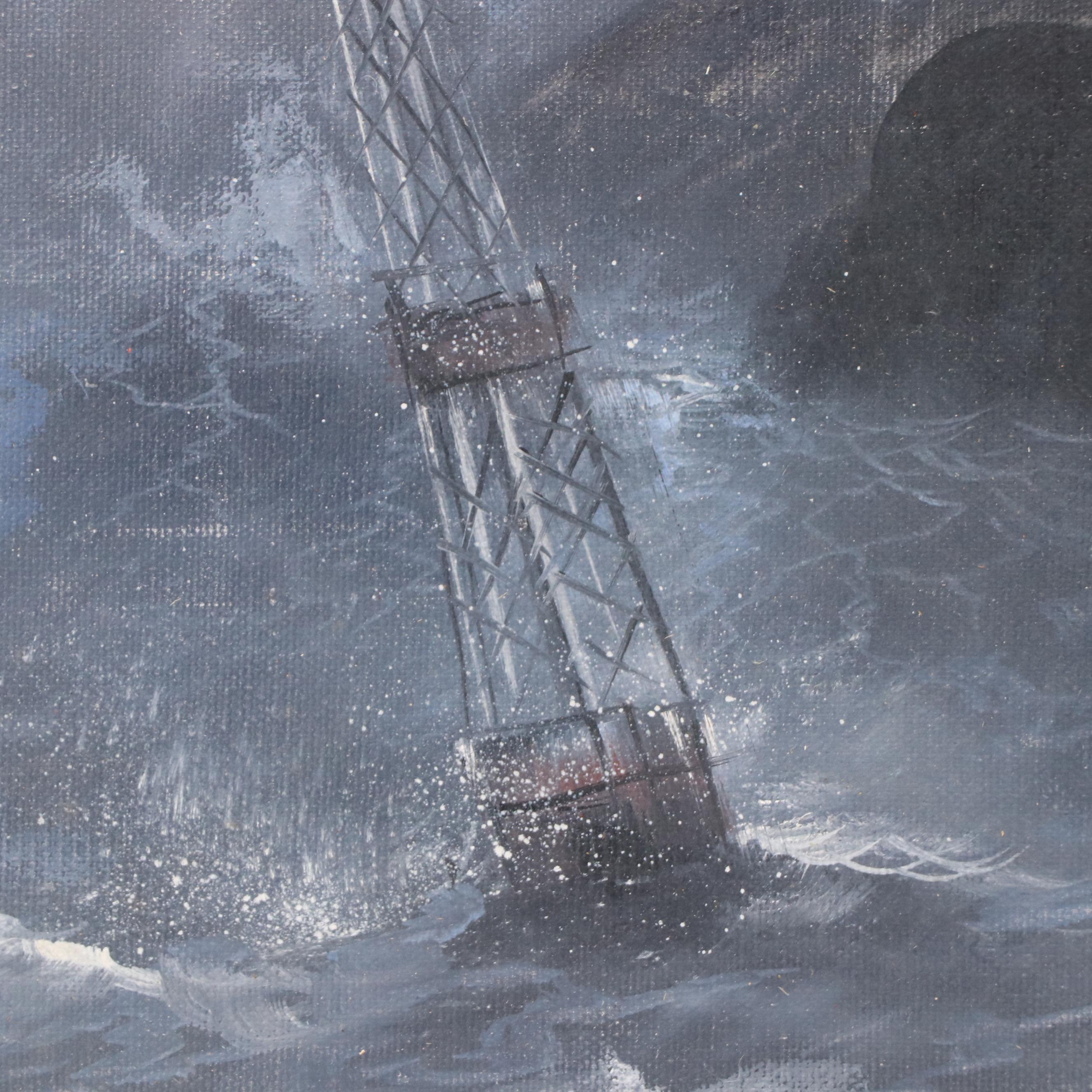 Gaston Petridis Oil Painting of Stormy Seascape, Late 20th Century