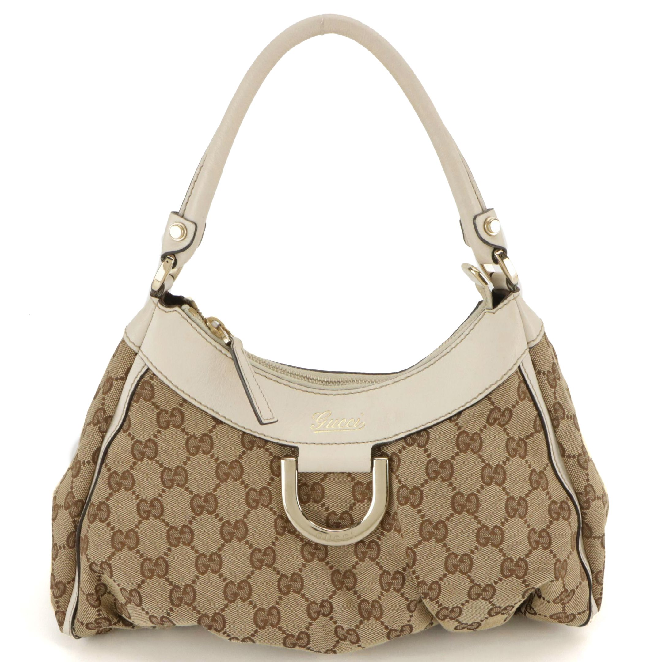Gucci Abbey D-Ring Shoulder Bag in GG Monogram Canvas and White Leather Trim