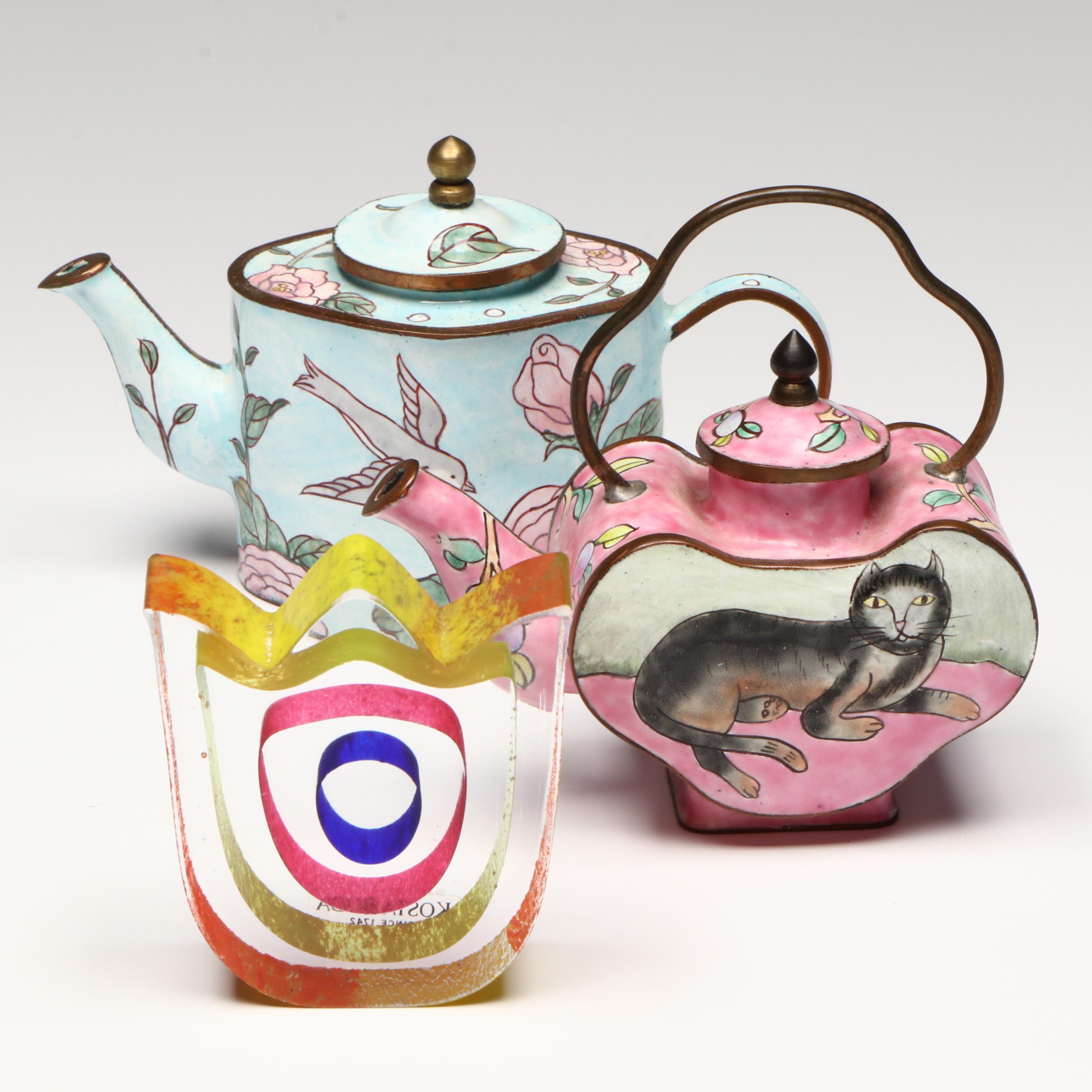 Kosta Boda Art Glass Tulip Sculpture, Hand-Enameled and Metal Miniature Teapots