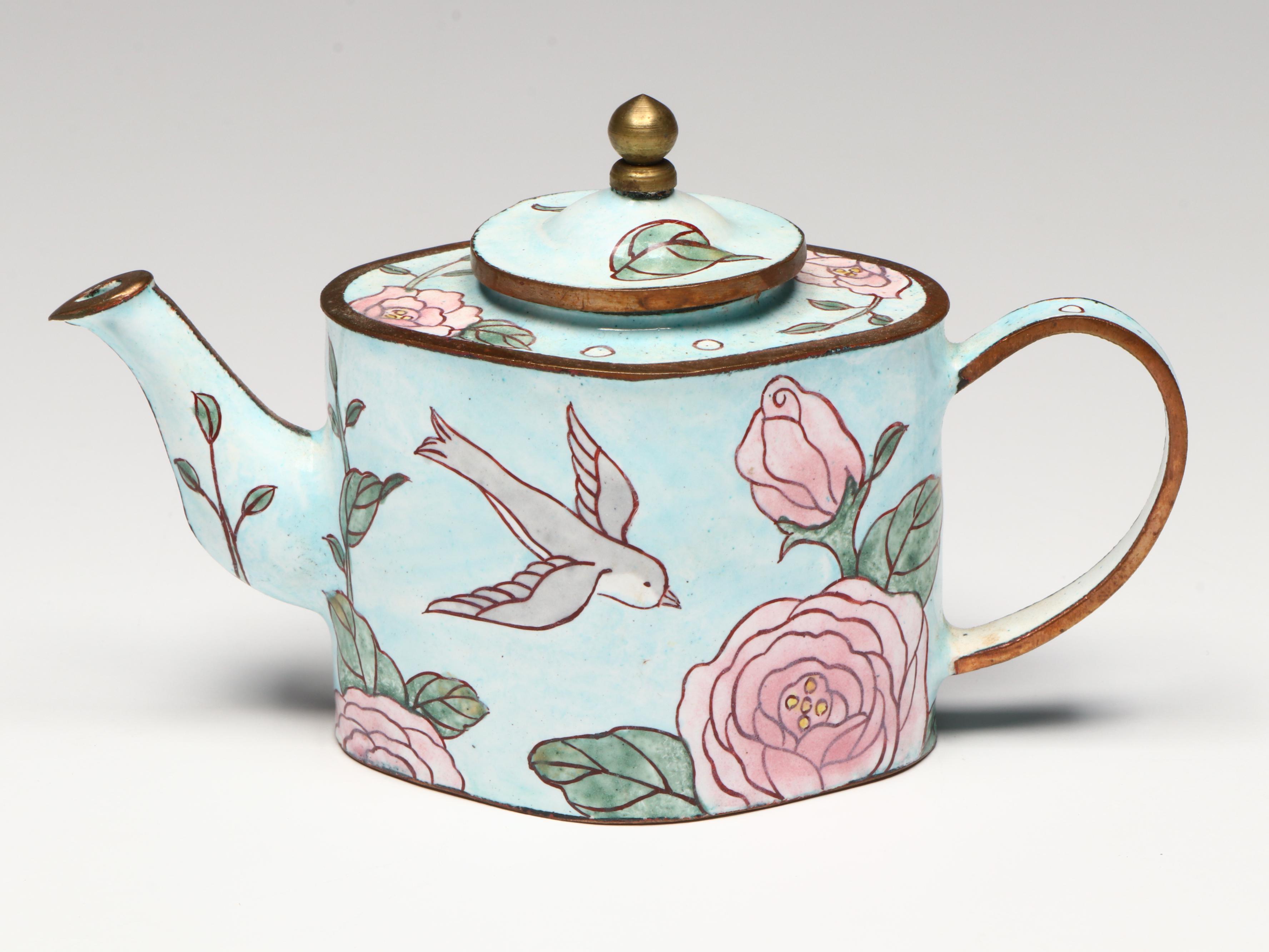 Kosta Boda Art Glass Tulip Sculpture, Hand-Enameled and Metal Miniature Teapots