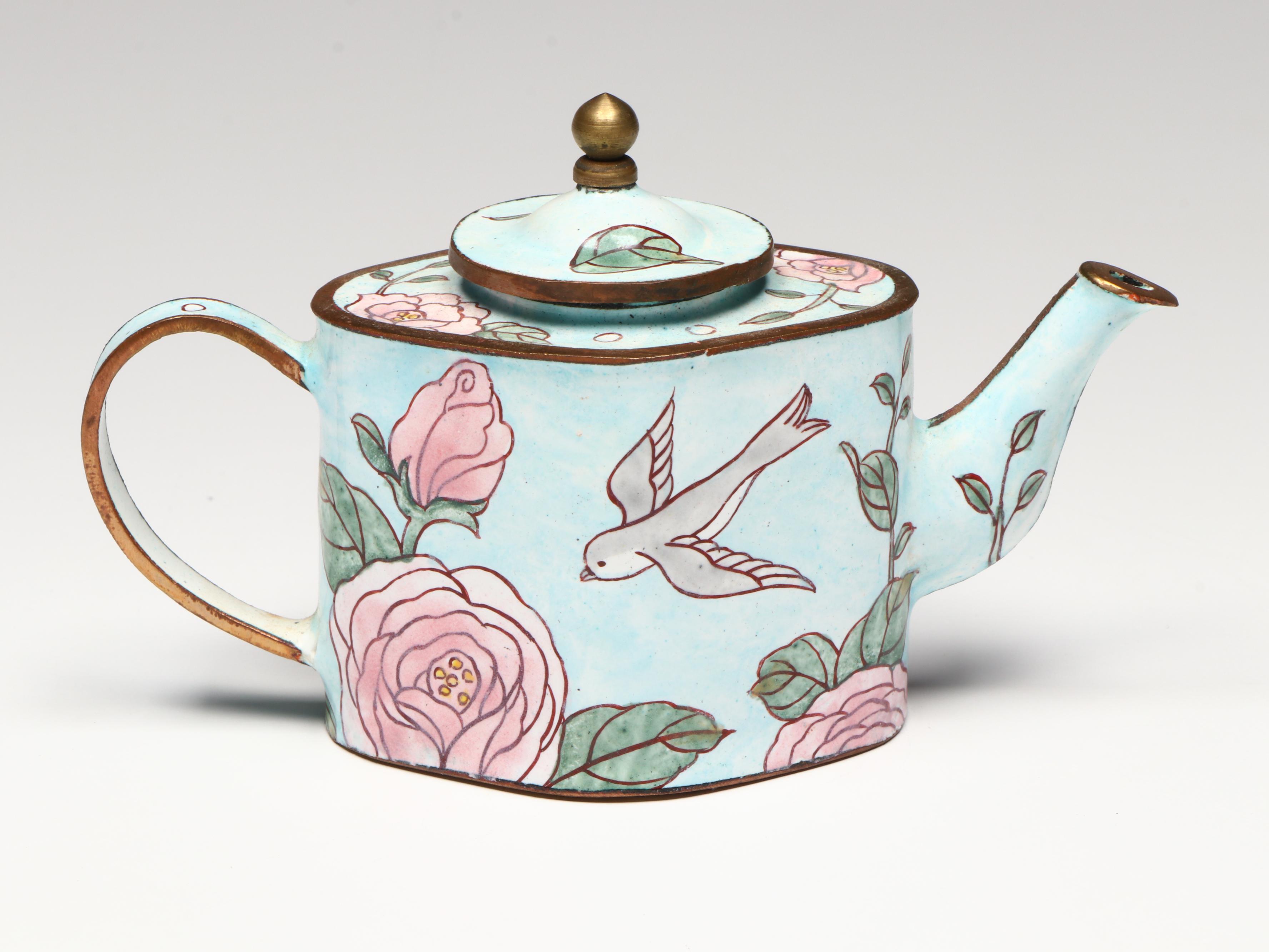 Kosta Boda Art Glass Tulip Sculpture, Hand-Enameled and Metal Miniature Teapots