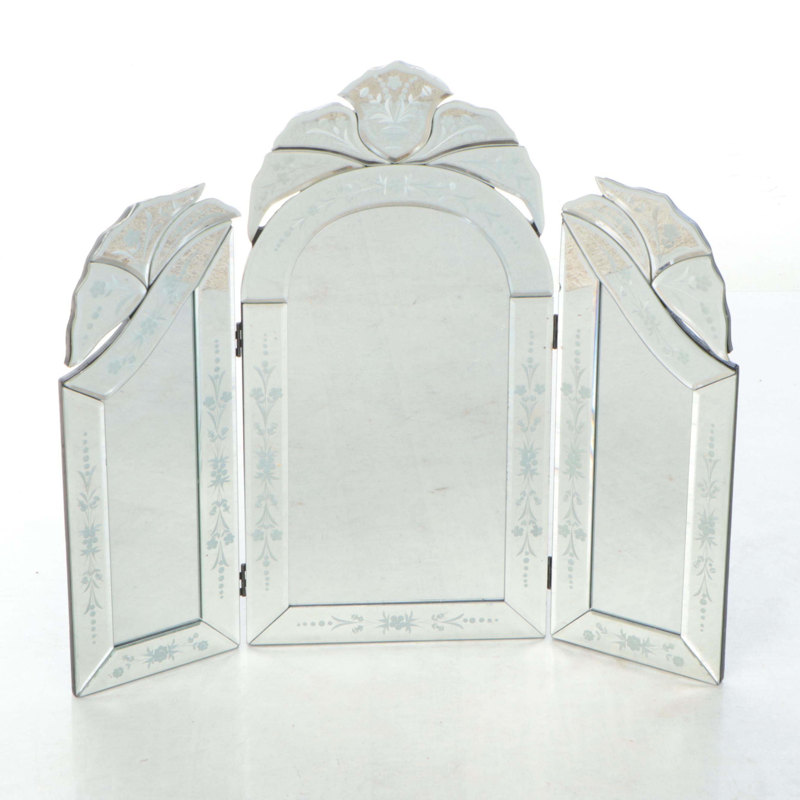 Kingsbury Triptych Folding Etched Mirror and Etched Mirror Wastebasket