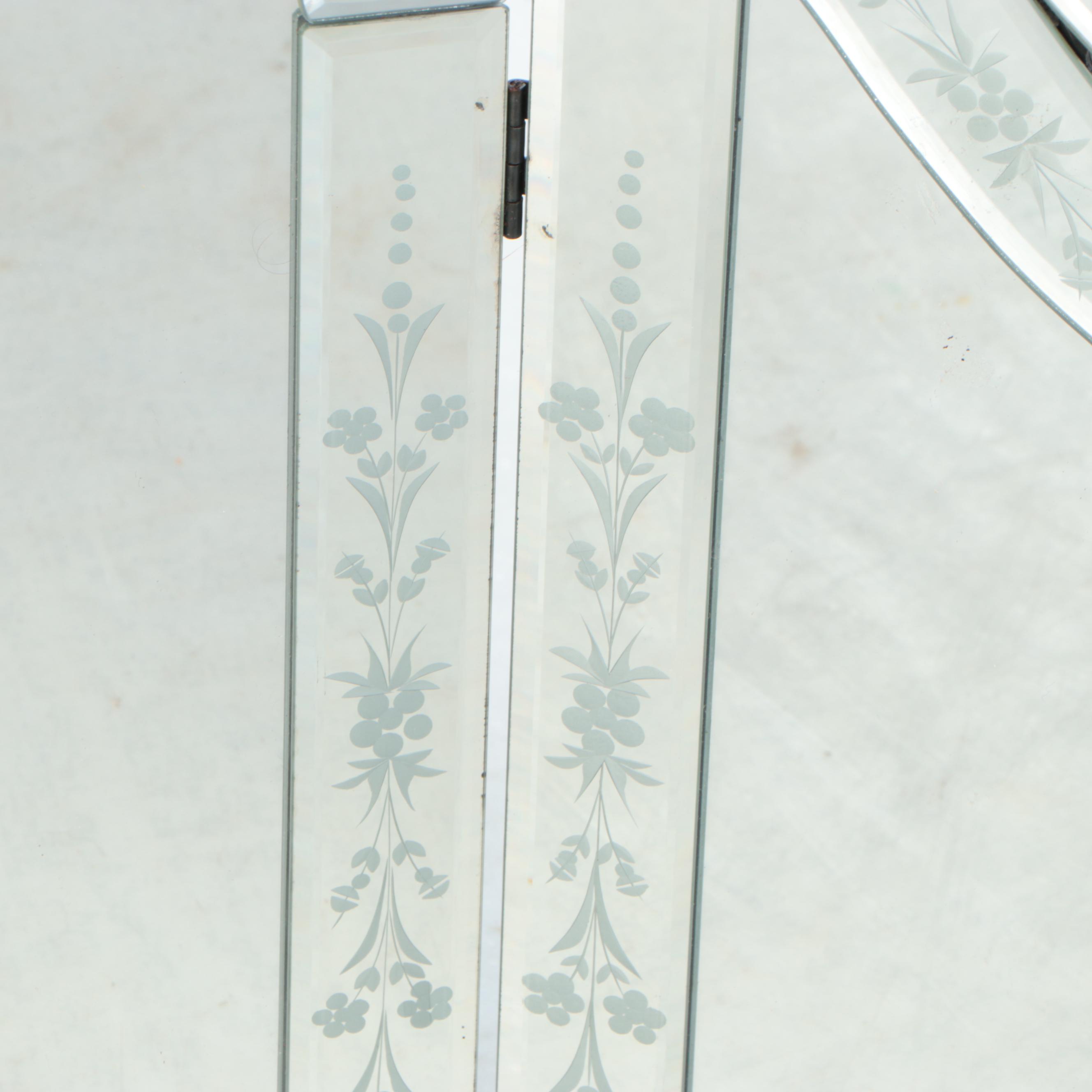 Kingsbury Triptych Folding Etched Mirror and Etched Mirror Wastebasket