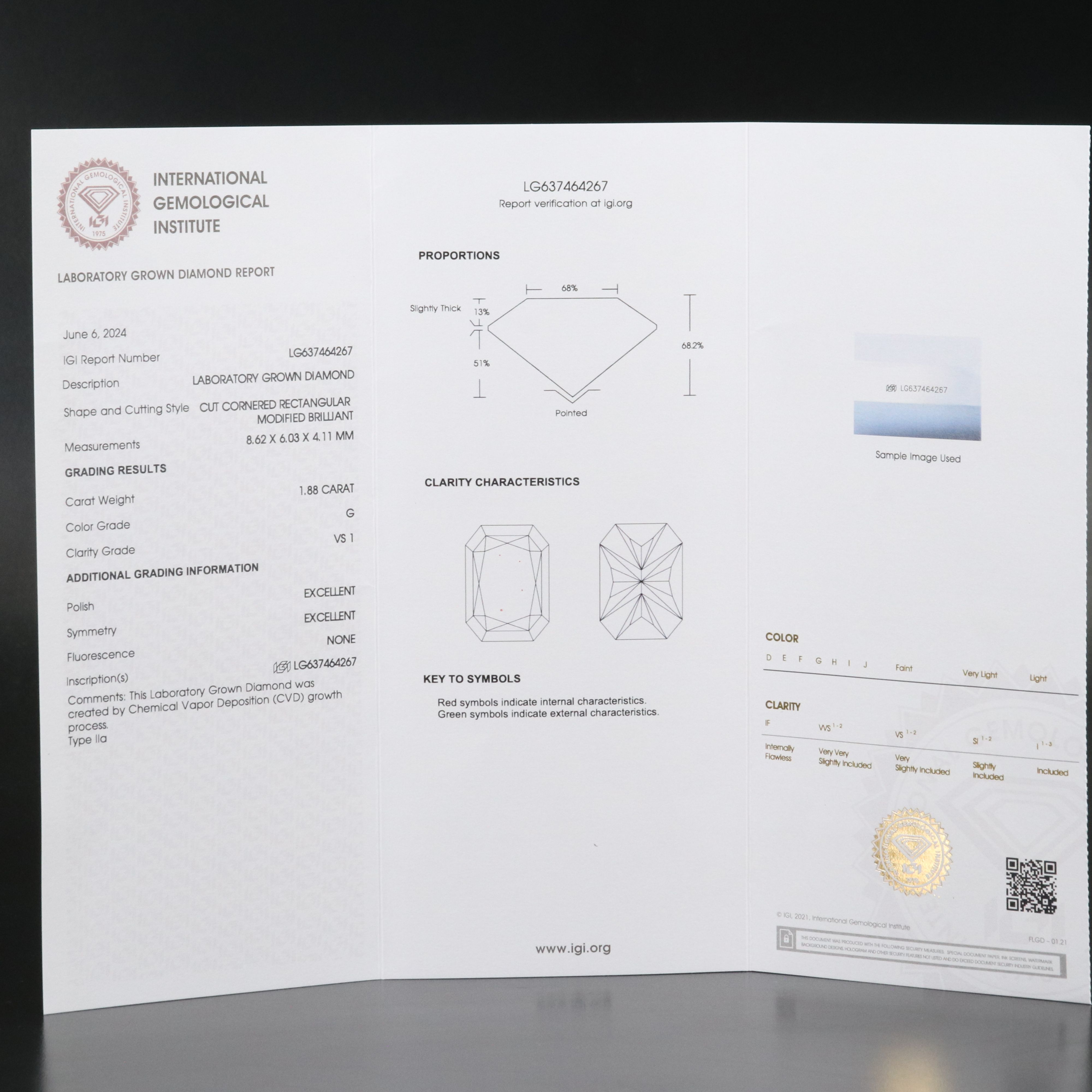 Loose 1.88 CT Lab Grown Diamond with IGI Report