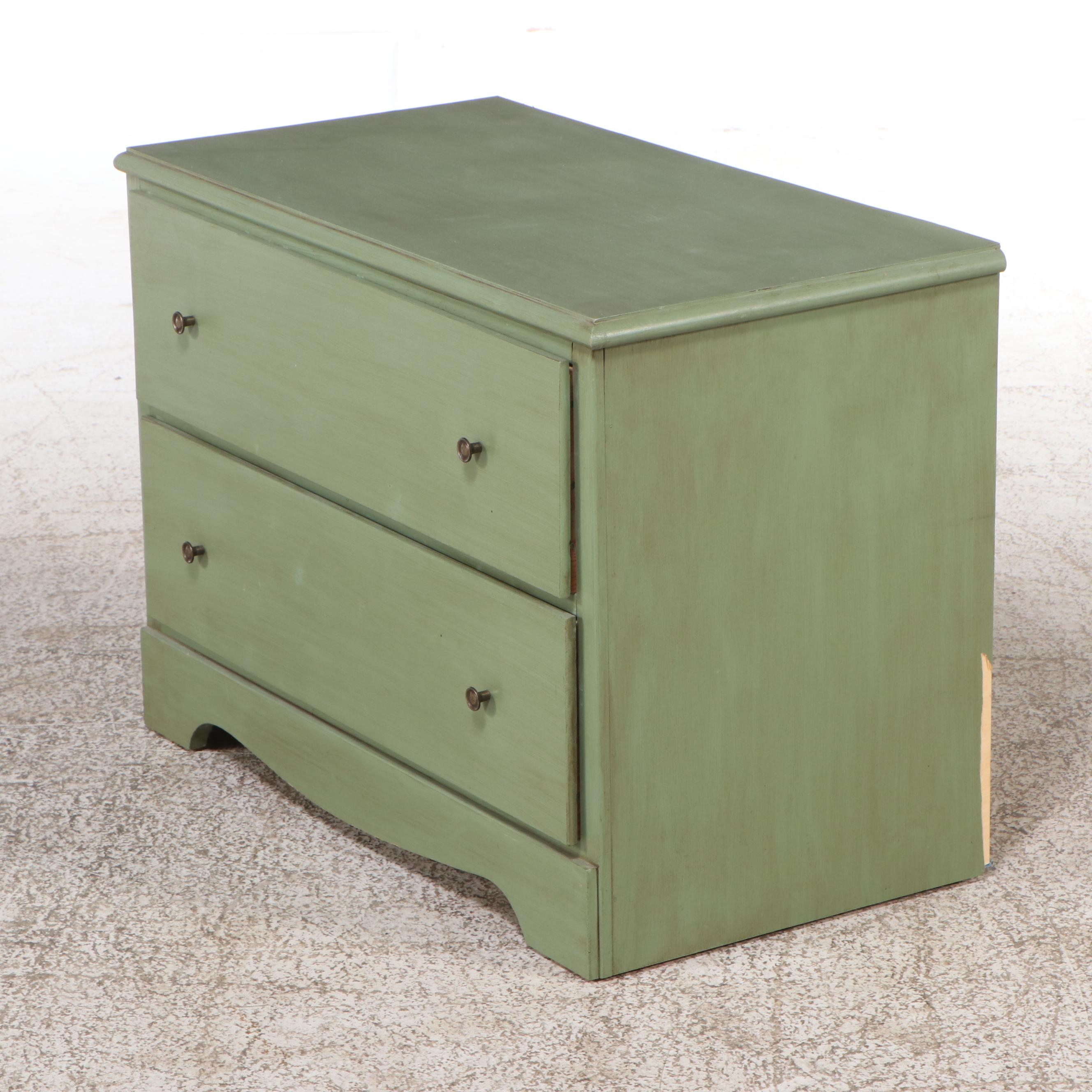 Green Painted Two-Drawer Chest, Magazine Rack, and Knitting Stand.