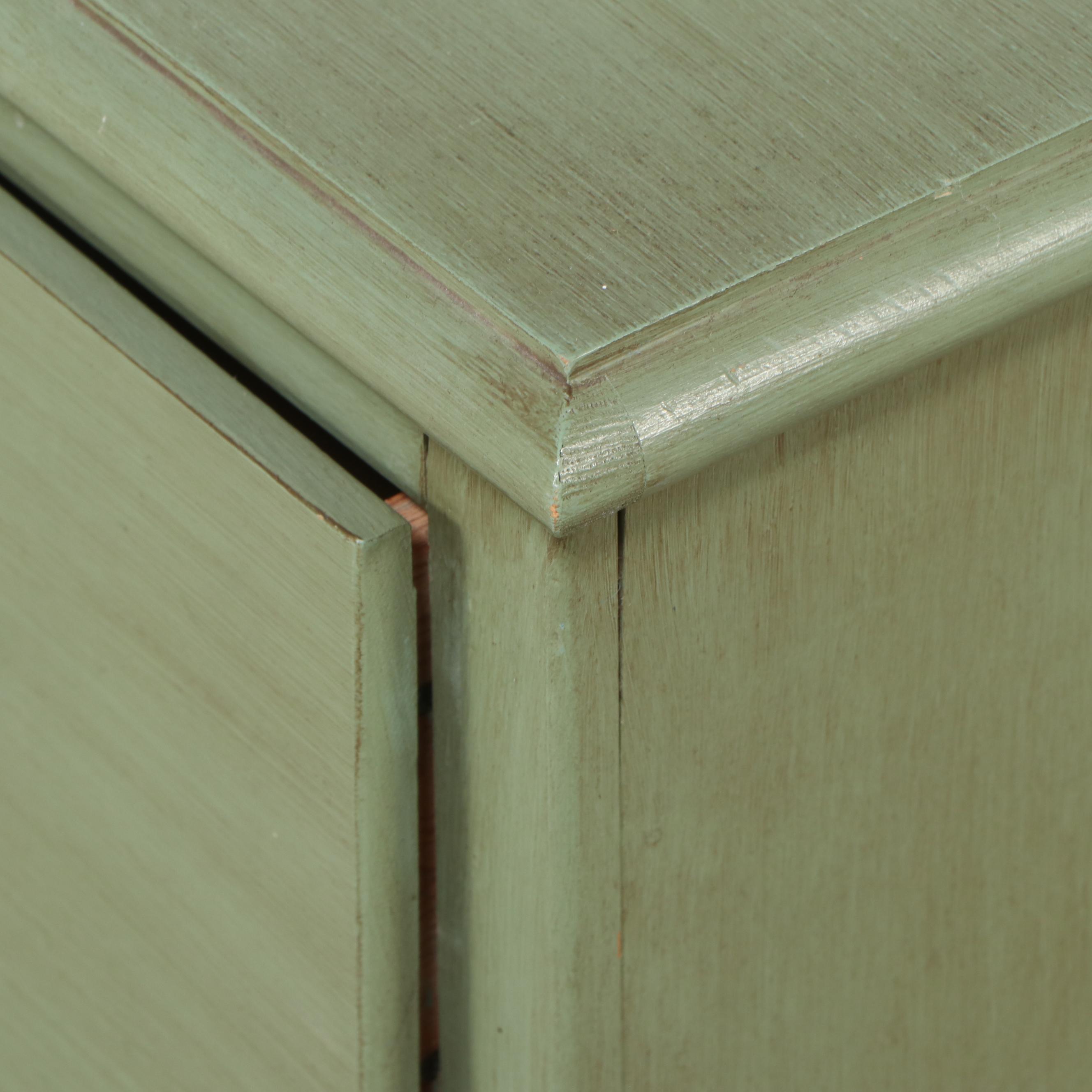 Green Painted Two-Drawer Chest, Magazine Rack, and Knitting Stand.