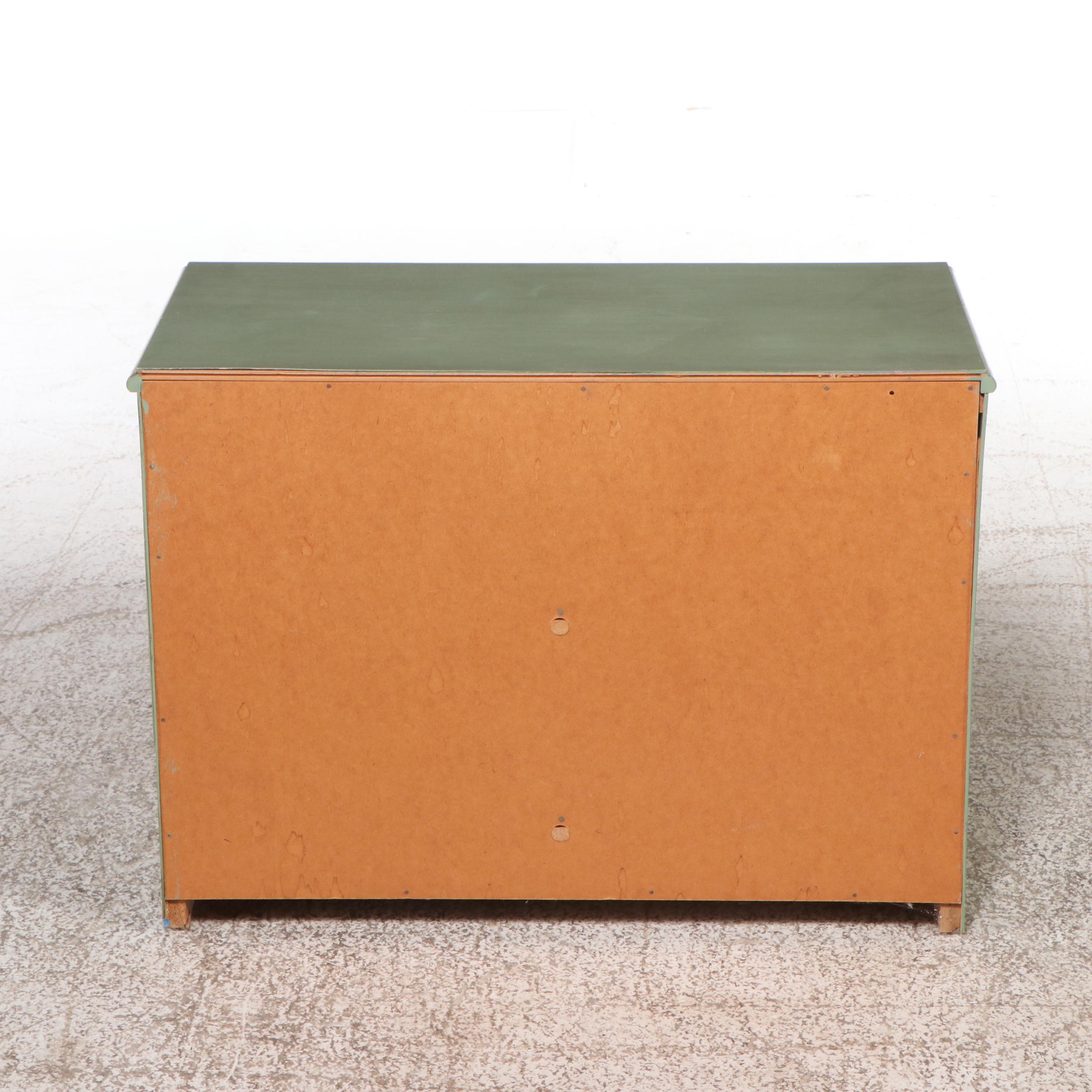 Green Painted Two-Drawer Chest, Magazine Rack, and Knitting Stand.