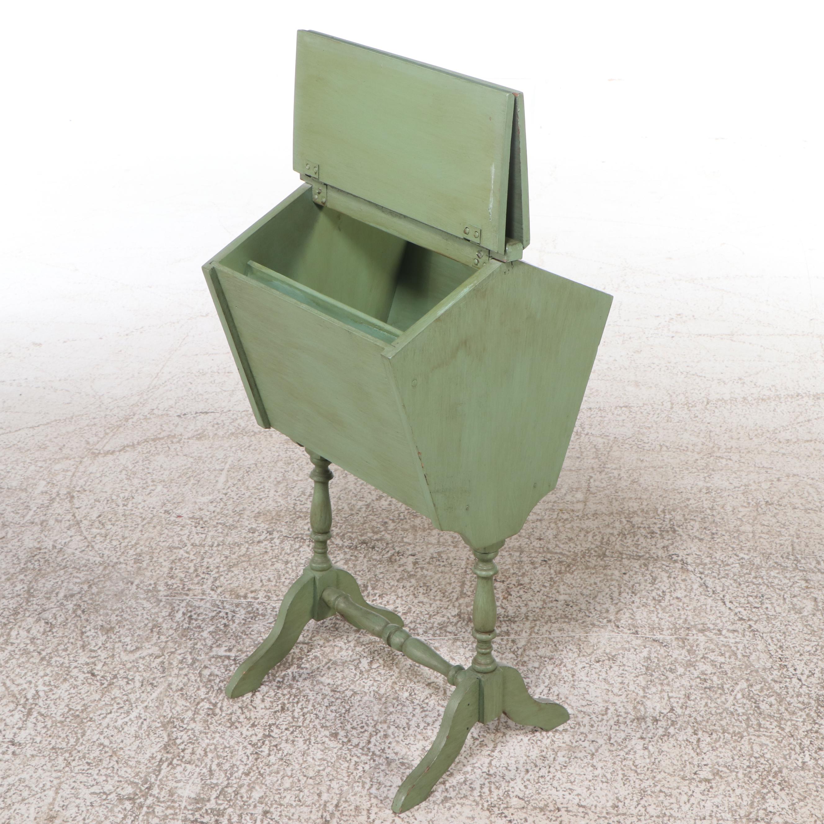 Green Painted Two-Drawer Chest, Magazine Rack, and Knitting Stand.