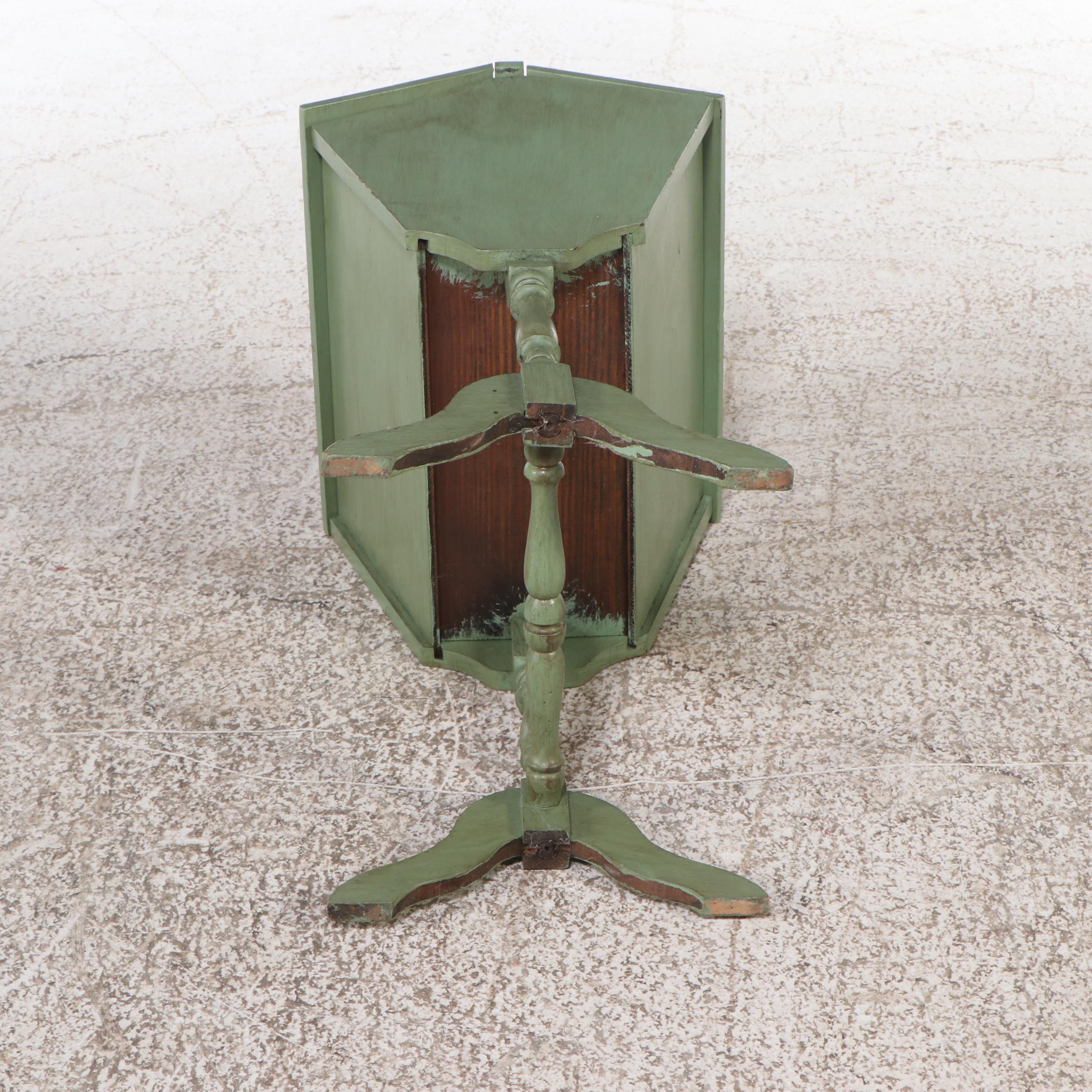 Green Painted Two-Drawer Chest, Magazine Rack, and Knitting Stand.