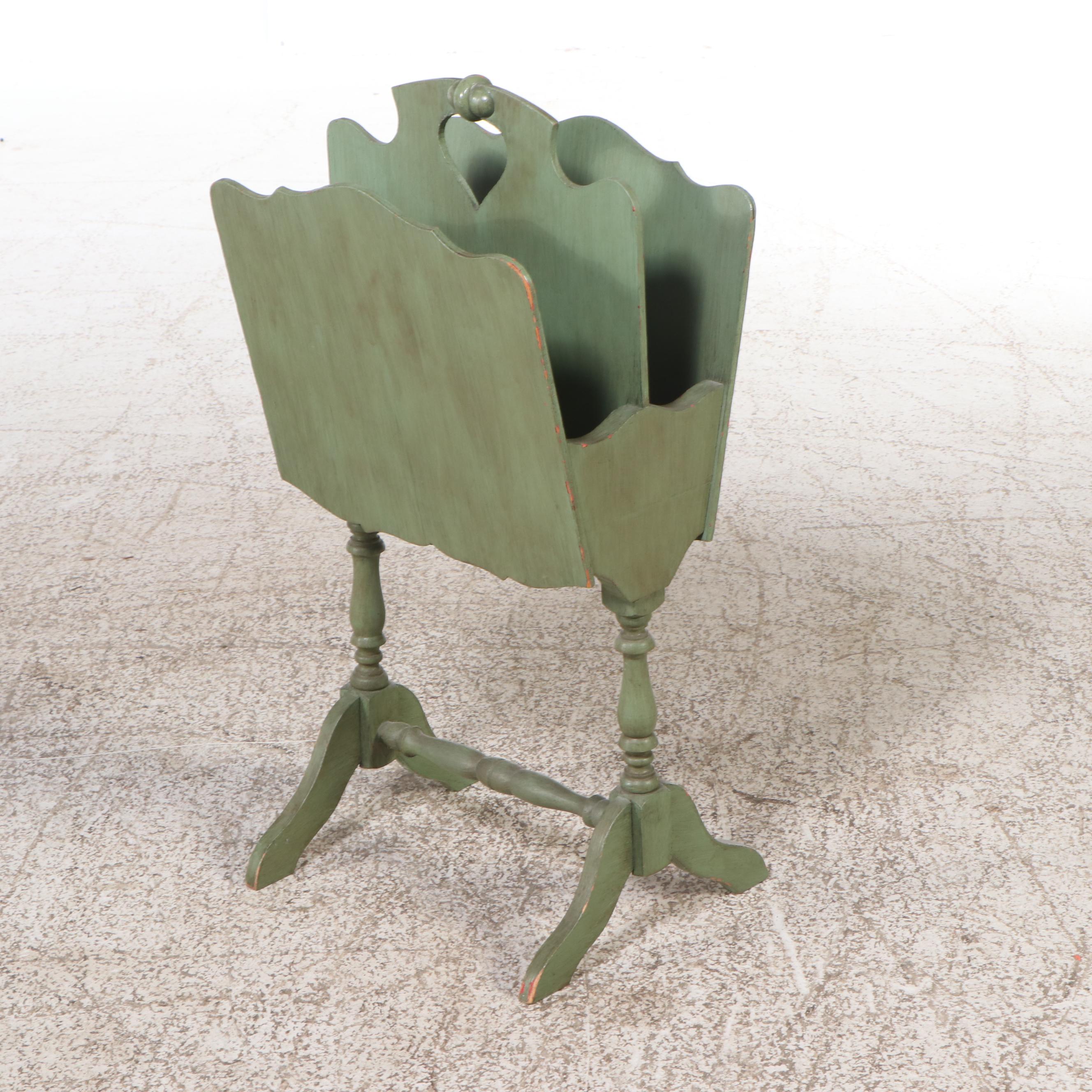 Green Painted Two-Drawer Chest, Magazine Rack, and Knitting Stand.