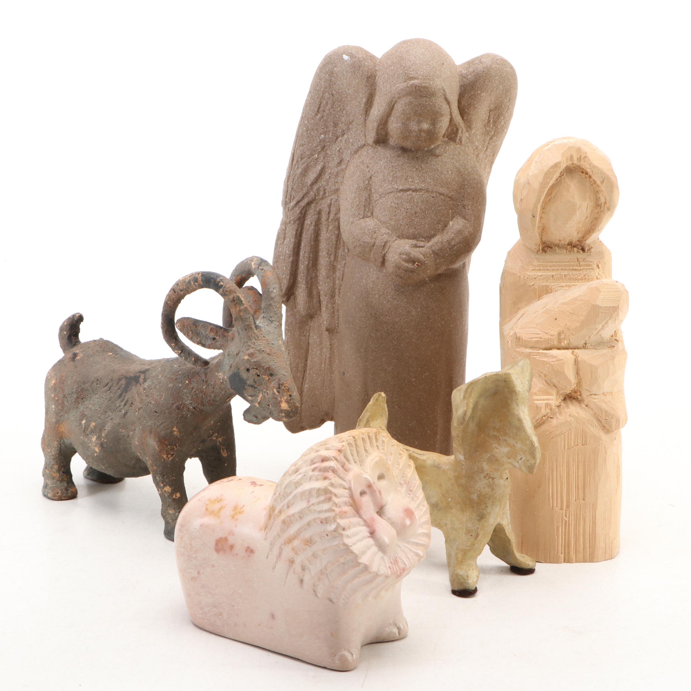 Japanese Metal Goat with Soapstone, Wood and Ceramic Figurines